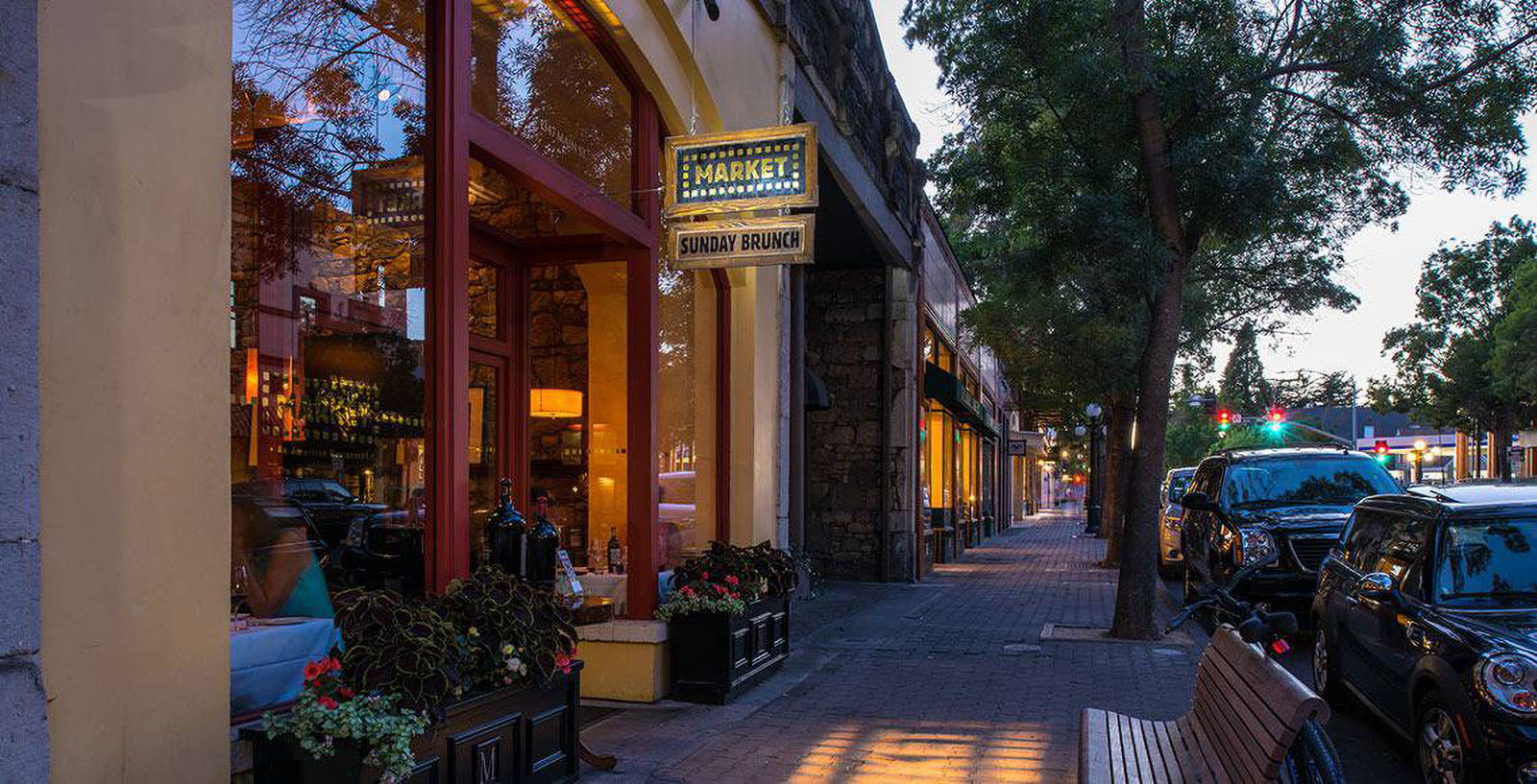 Restaurant with Sunday brunch sign on a quiet street