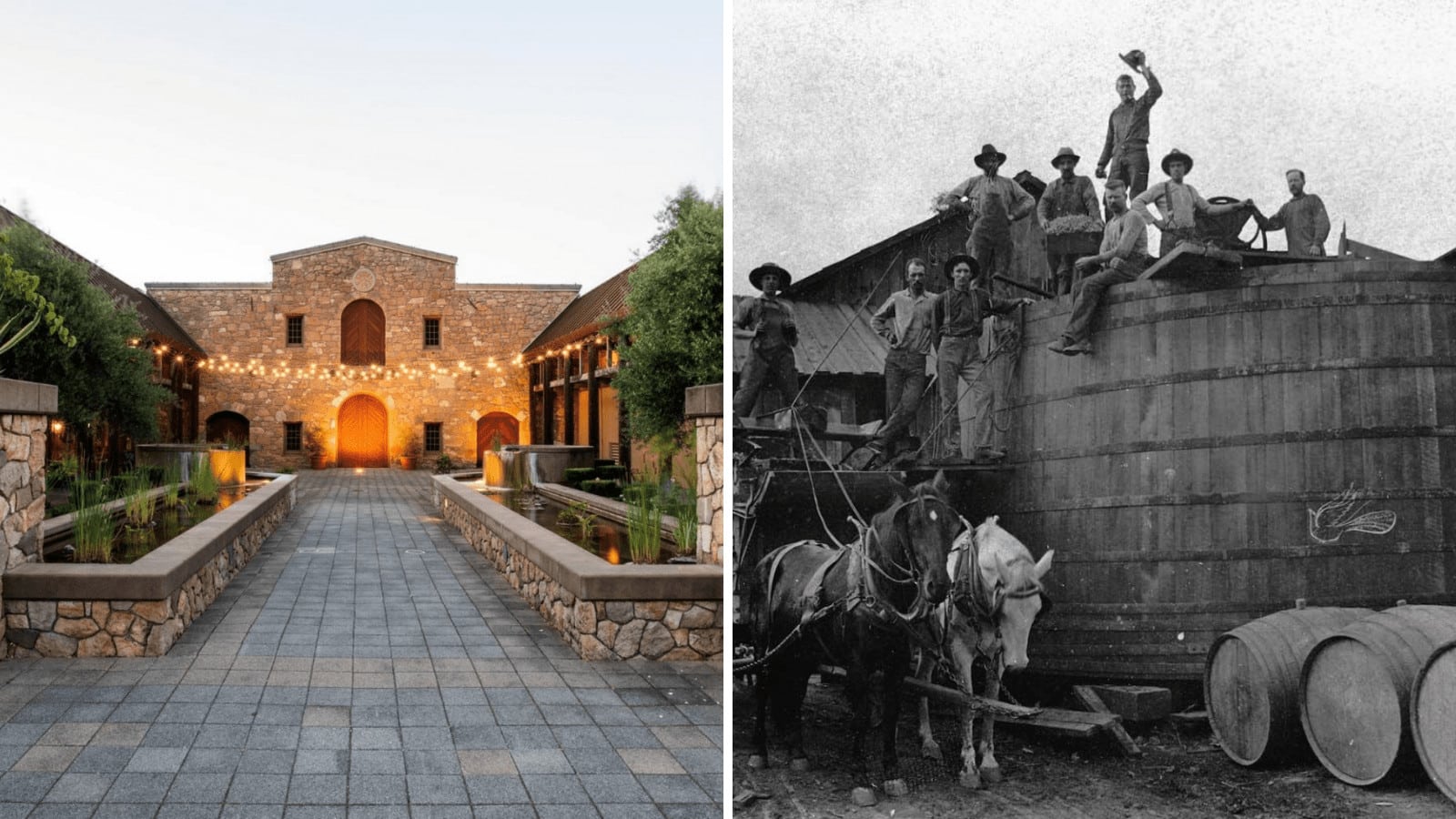 Historic winery and workers, modern and vintage scenes.