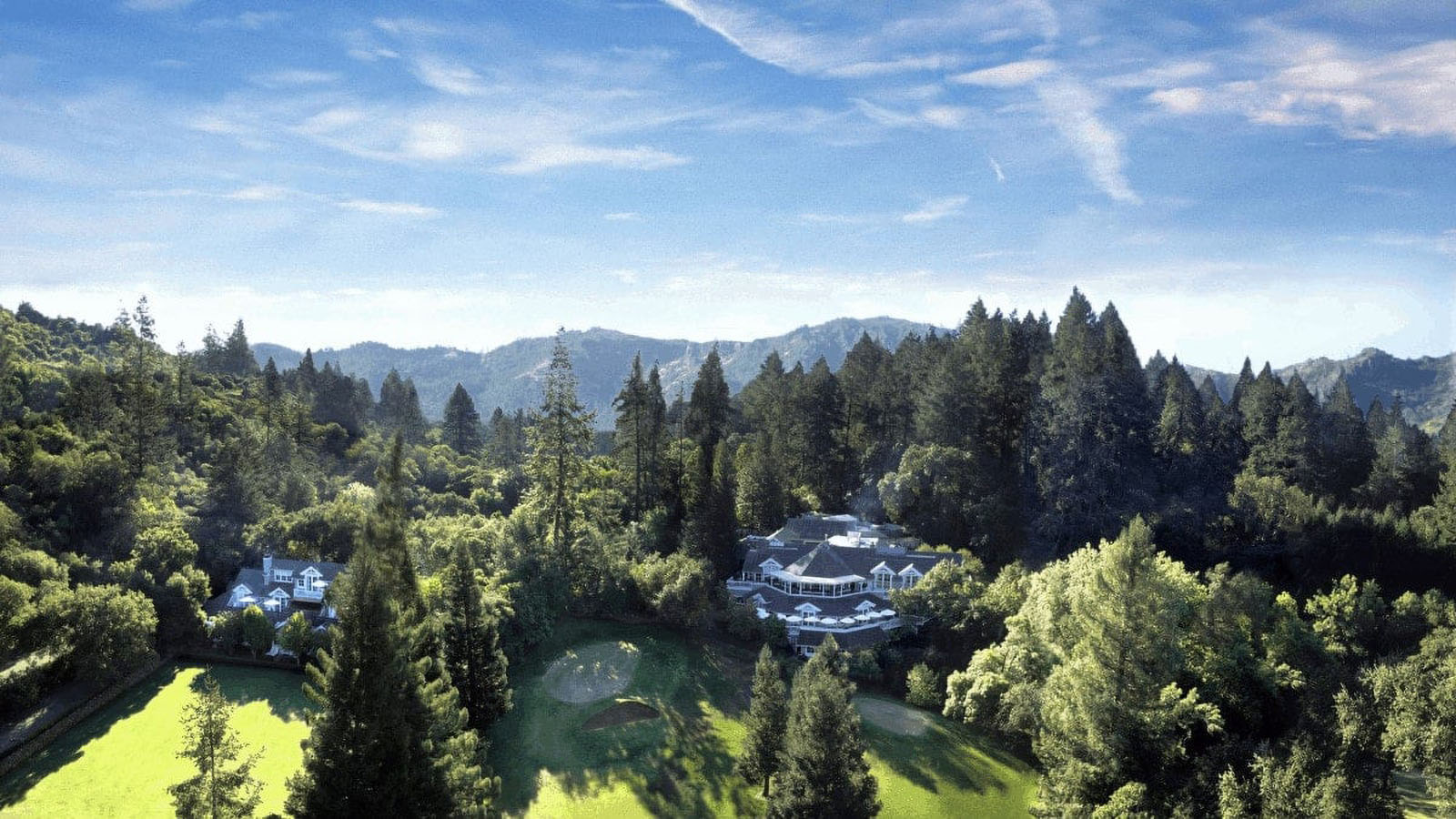 Aerial view of scenic forested resort