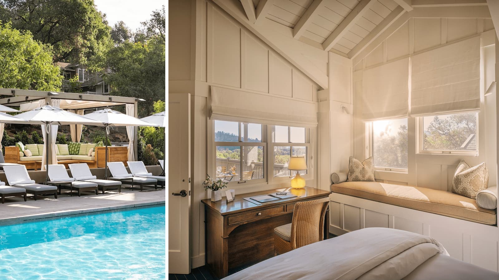 Luxury resort pool area and cozy bedroom view.
