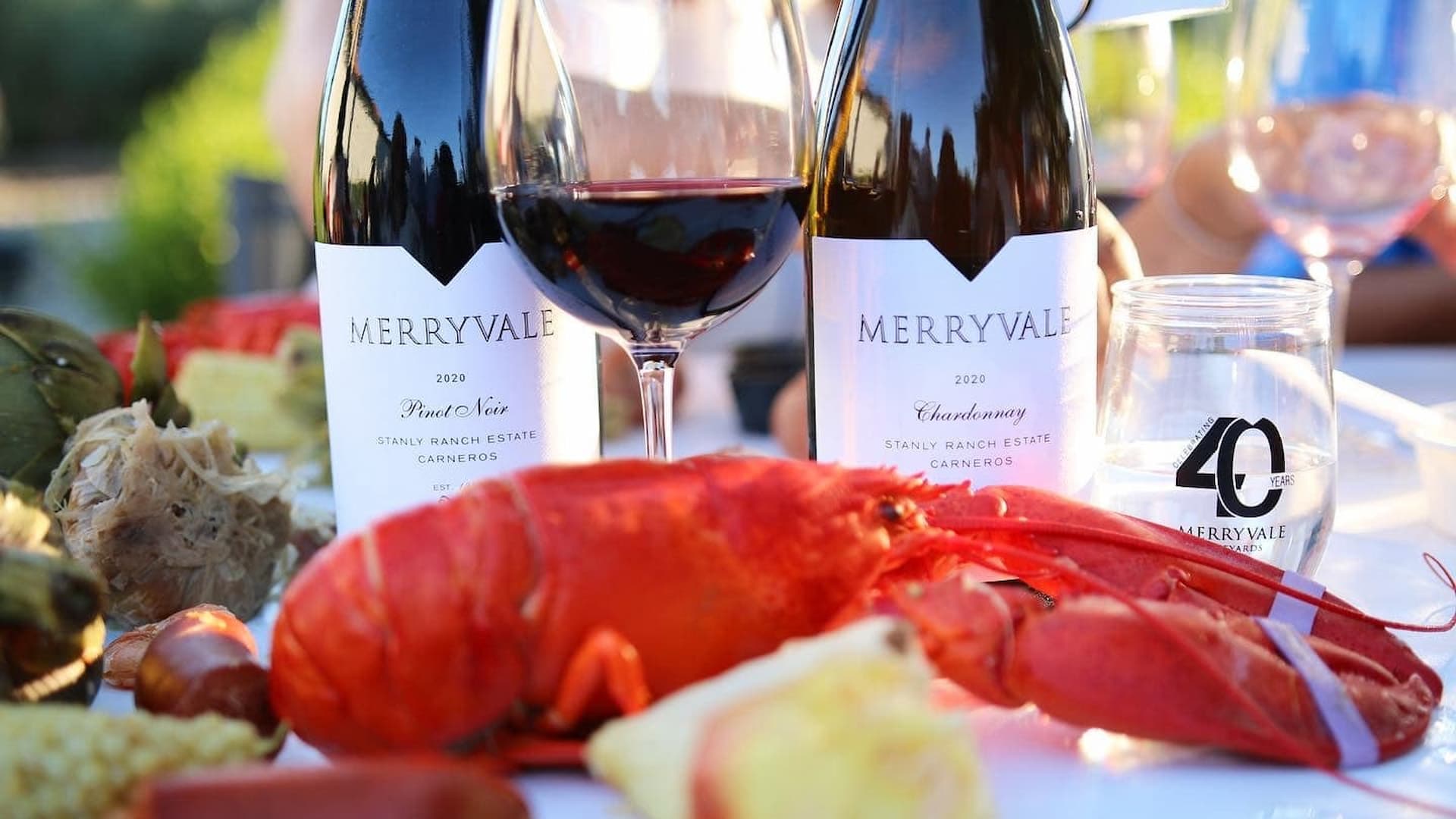 Wine and lobster dinner with Merryvale bottles.
