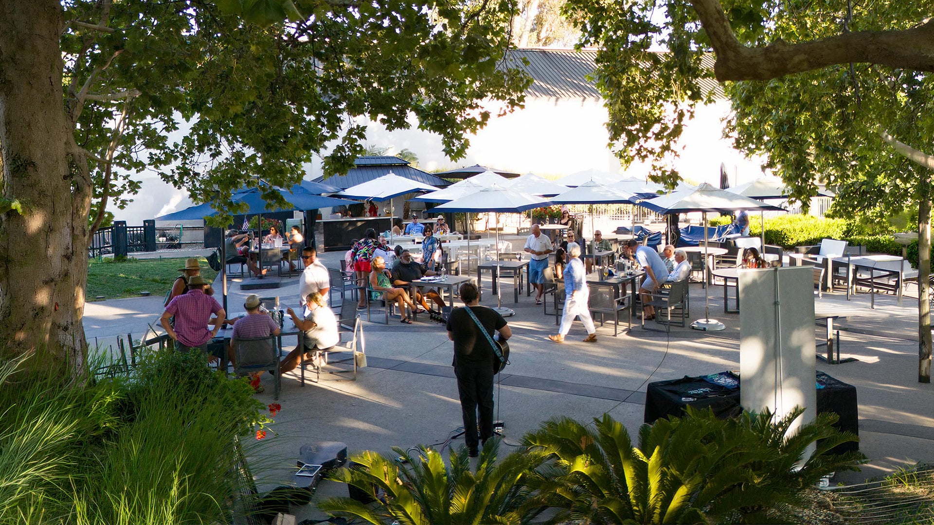 Musician performs at a busy shaded outdoor restaurant patio.