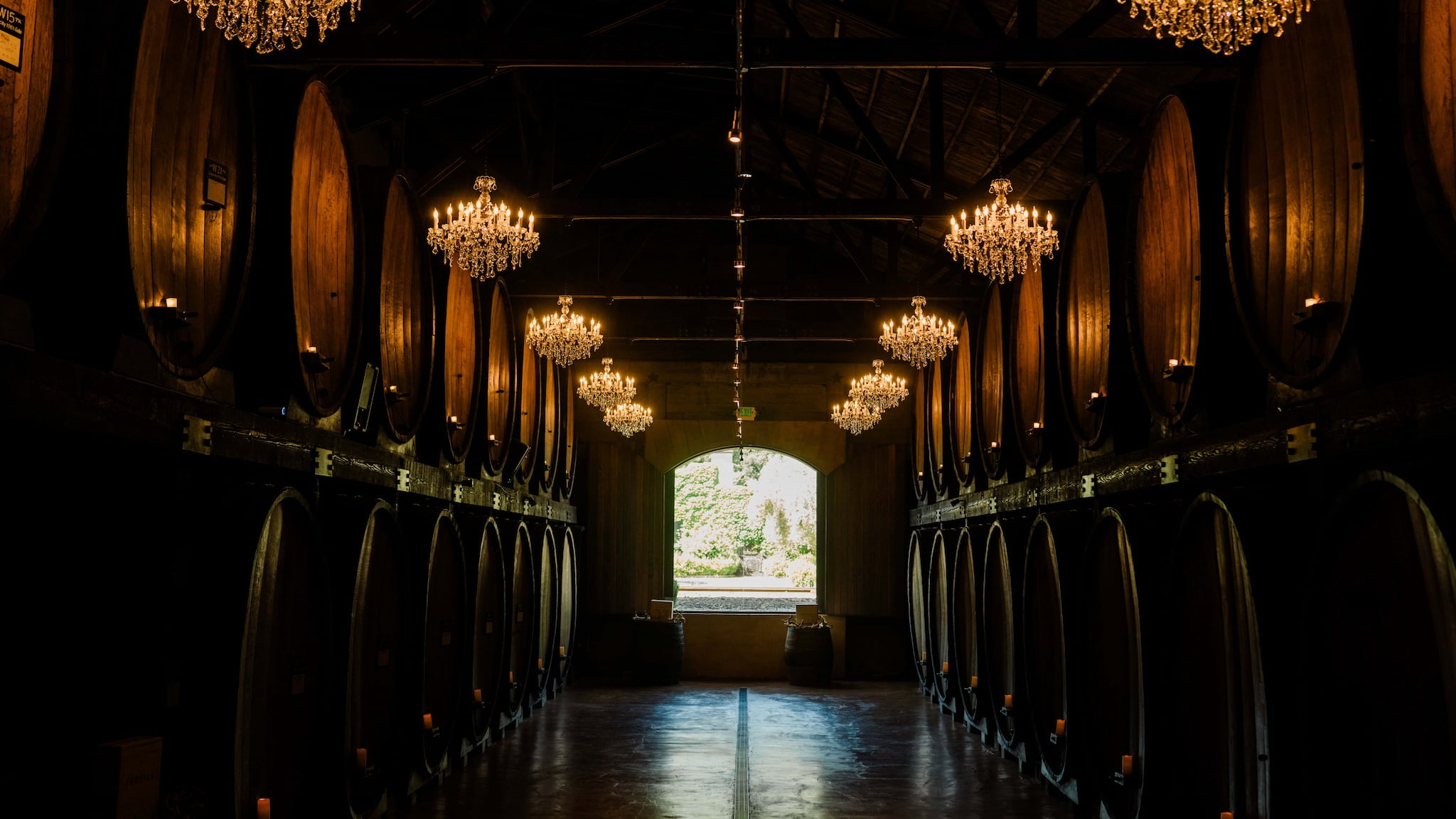 Wine cellar with chandeliers and large wooden barrels