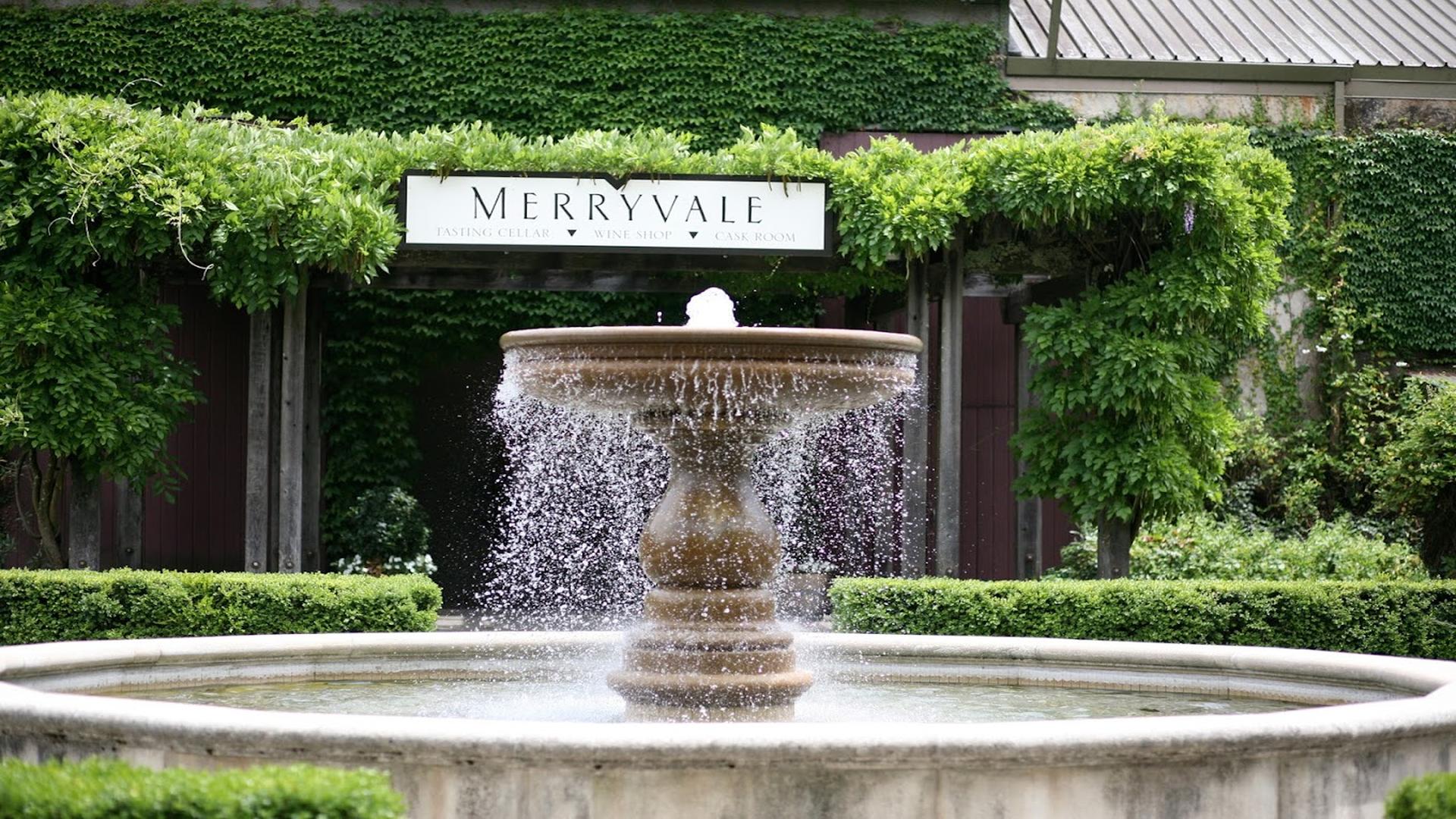 Fountain at Merryvale Winery entrance with greenery
