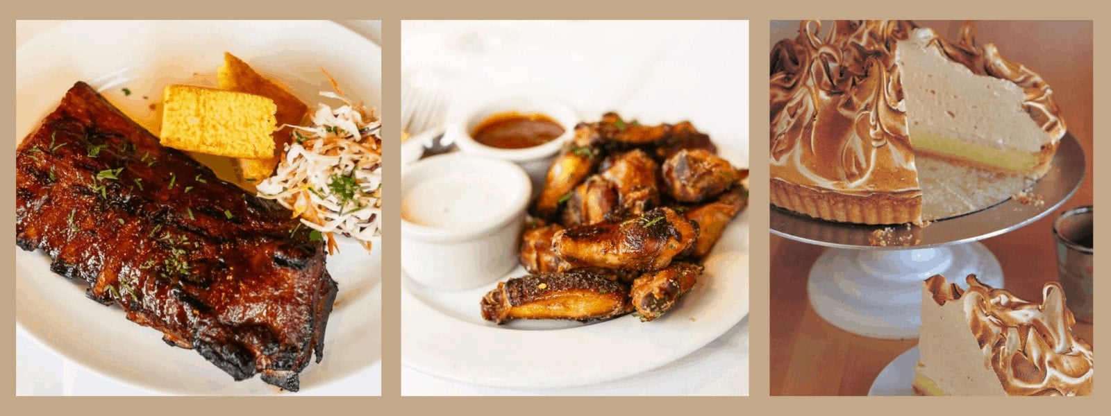 Barbecue ribs, chicken wings, and pie on plates