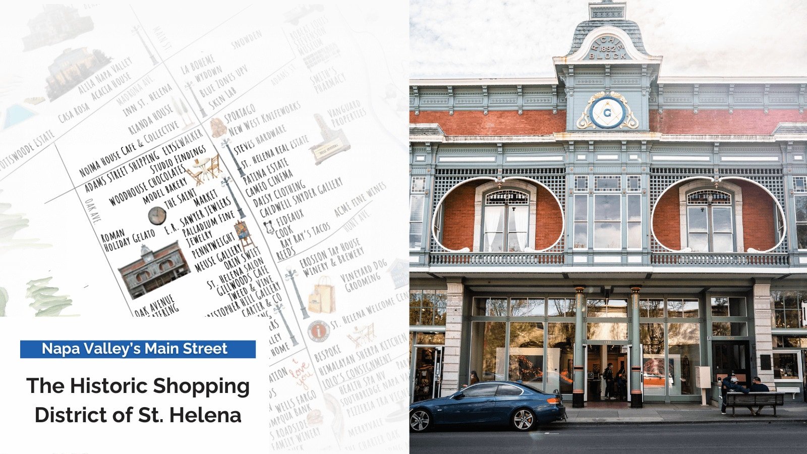 St. Helena historic shopping district map and building.