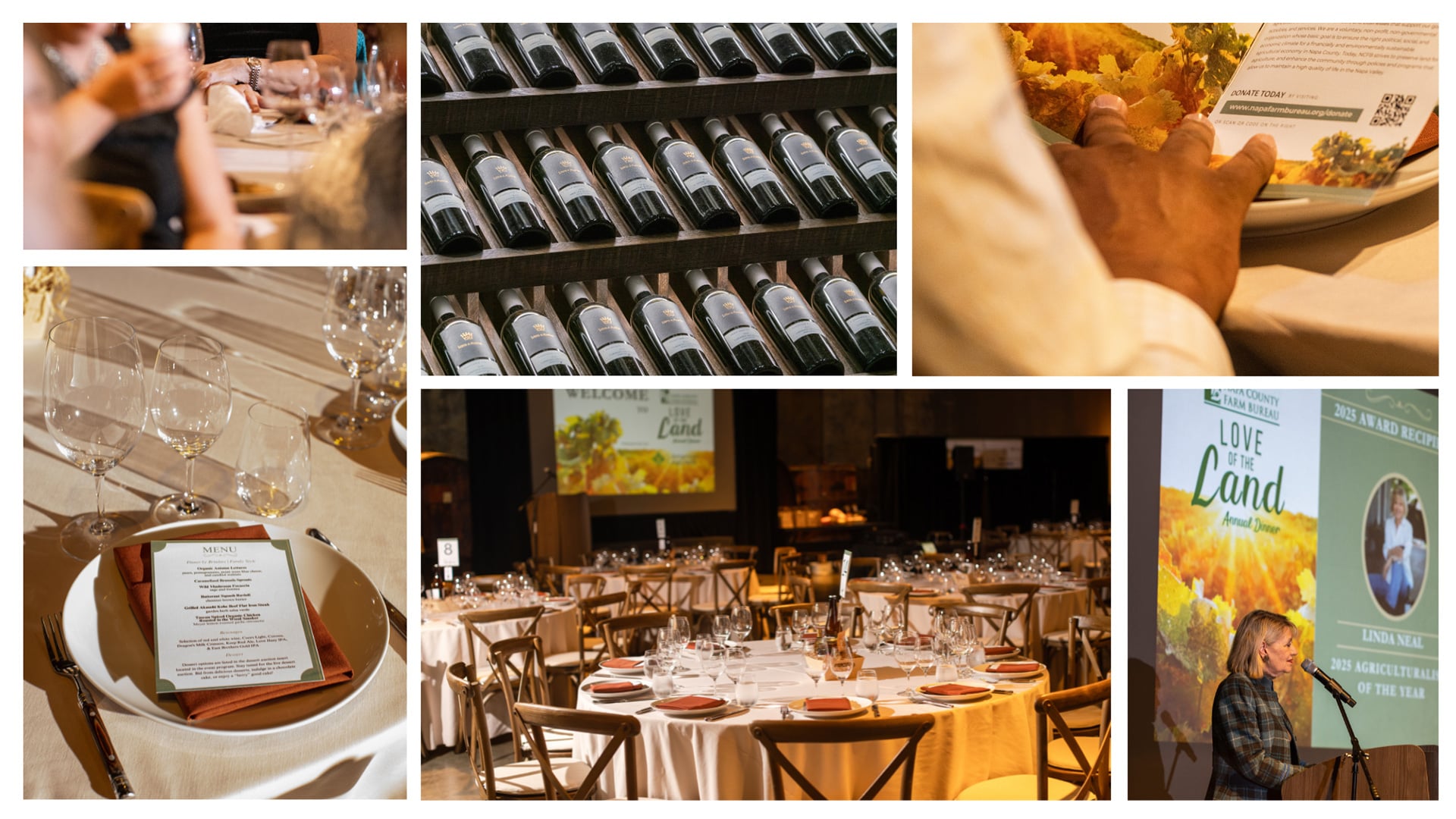 Love of the Land banquet with wine, tables, and speaker