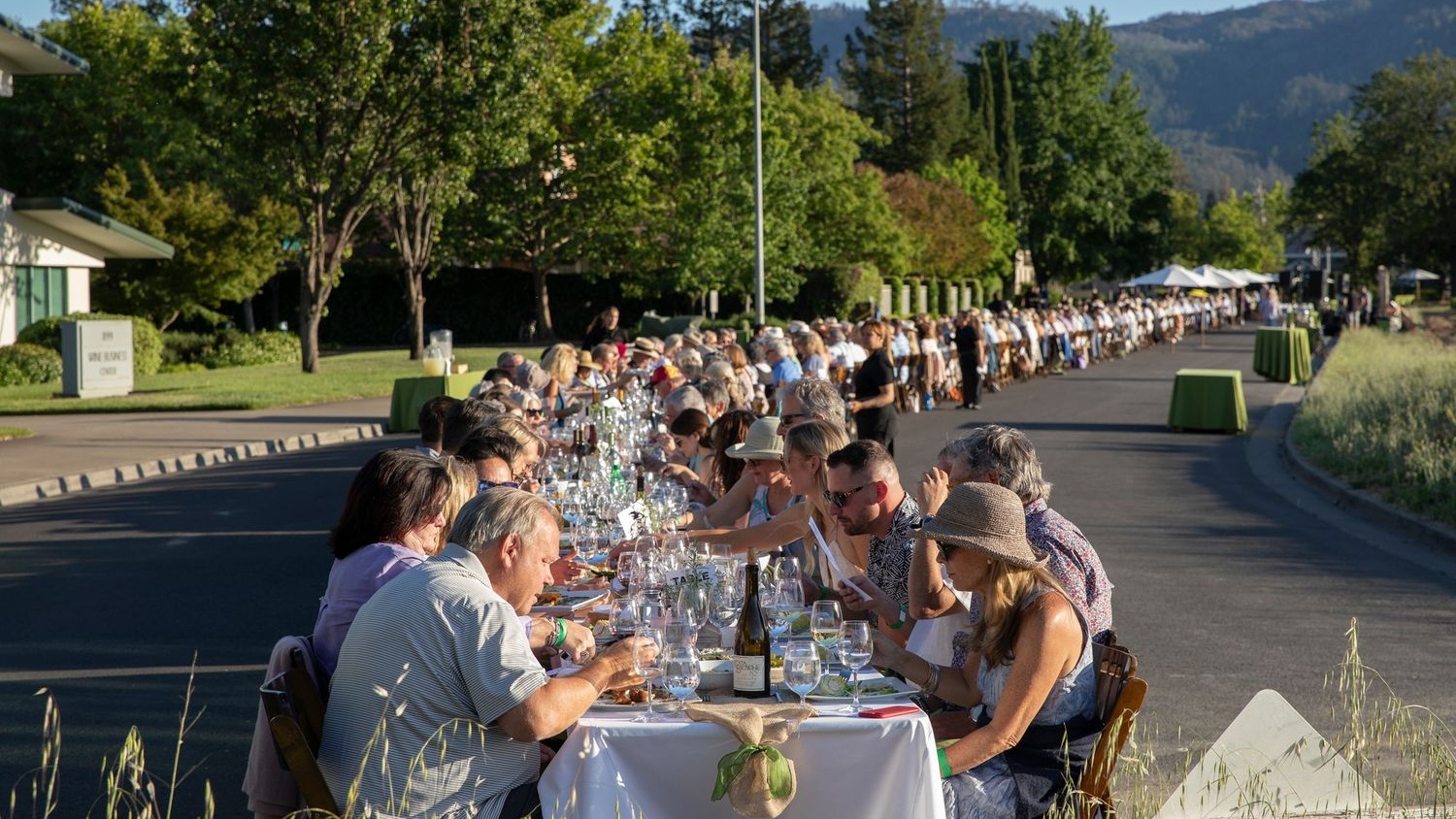 Outdoor banquet with people dining in a row.