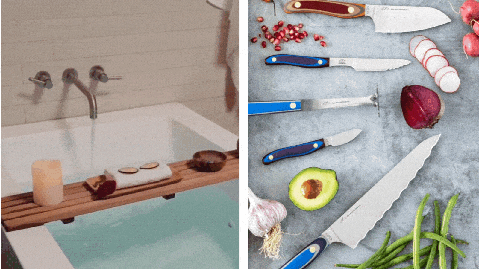 Relaxing bath and kitchen knives with vegetables