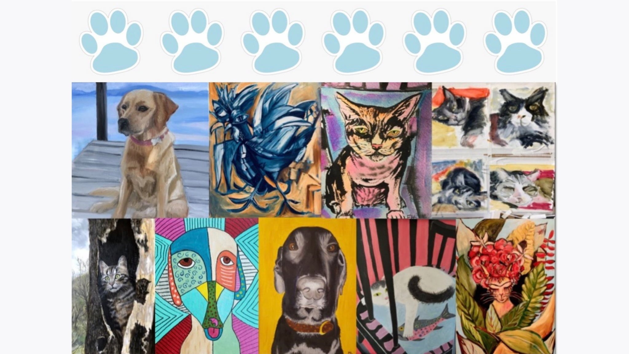 Collage of colorful dog and cat paintings