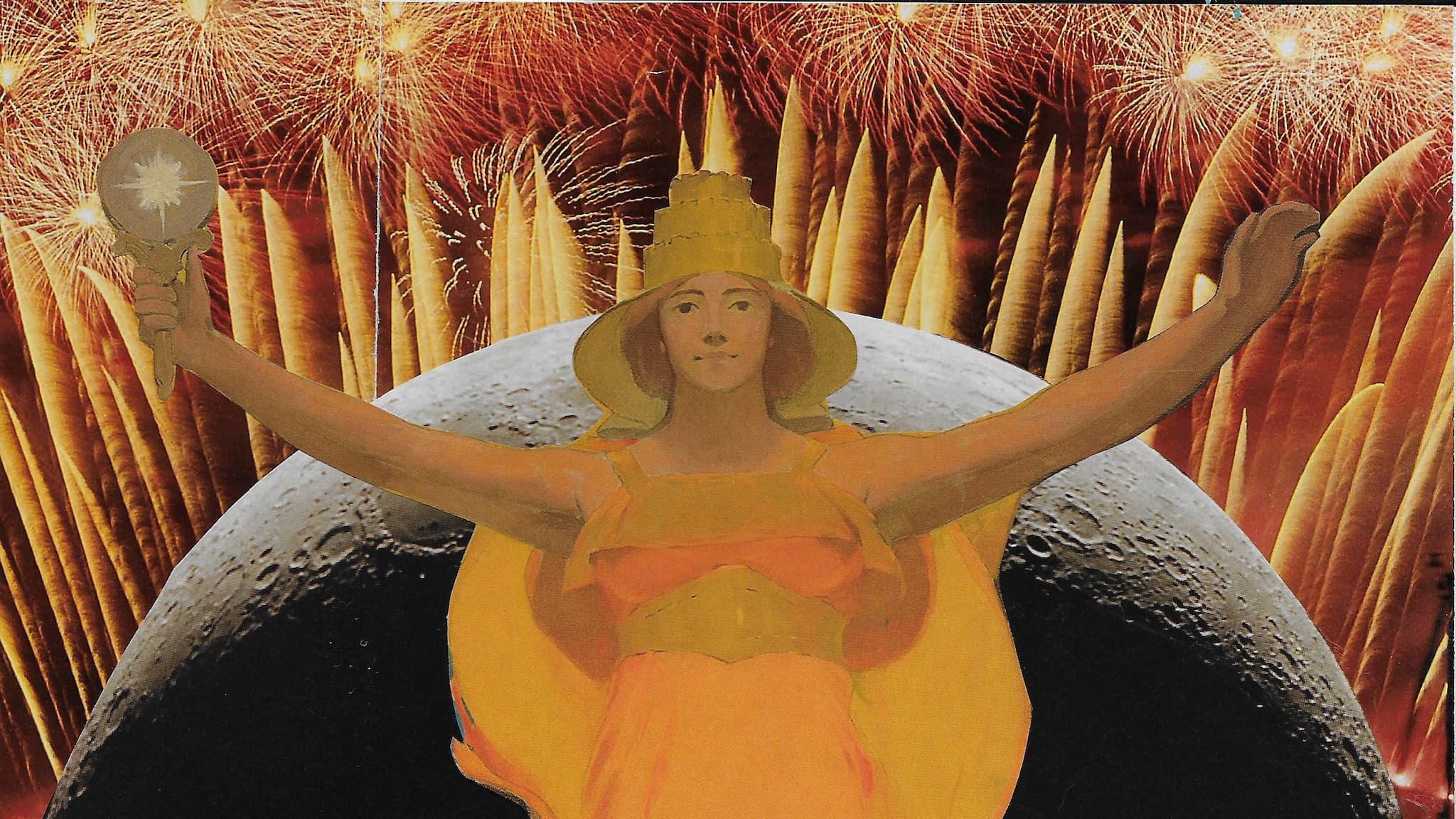 Allegorical woman with crown and torch before fireworks