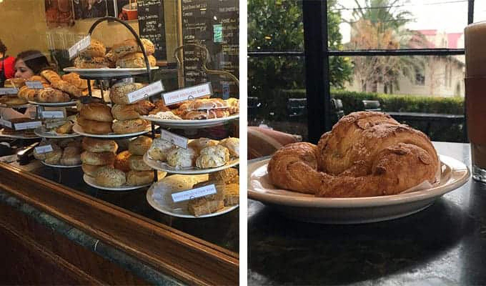 Bakery display of various pastries and croissant.