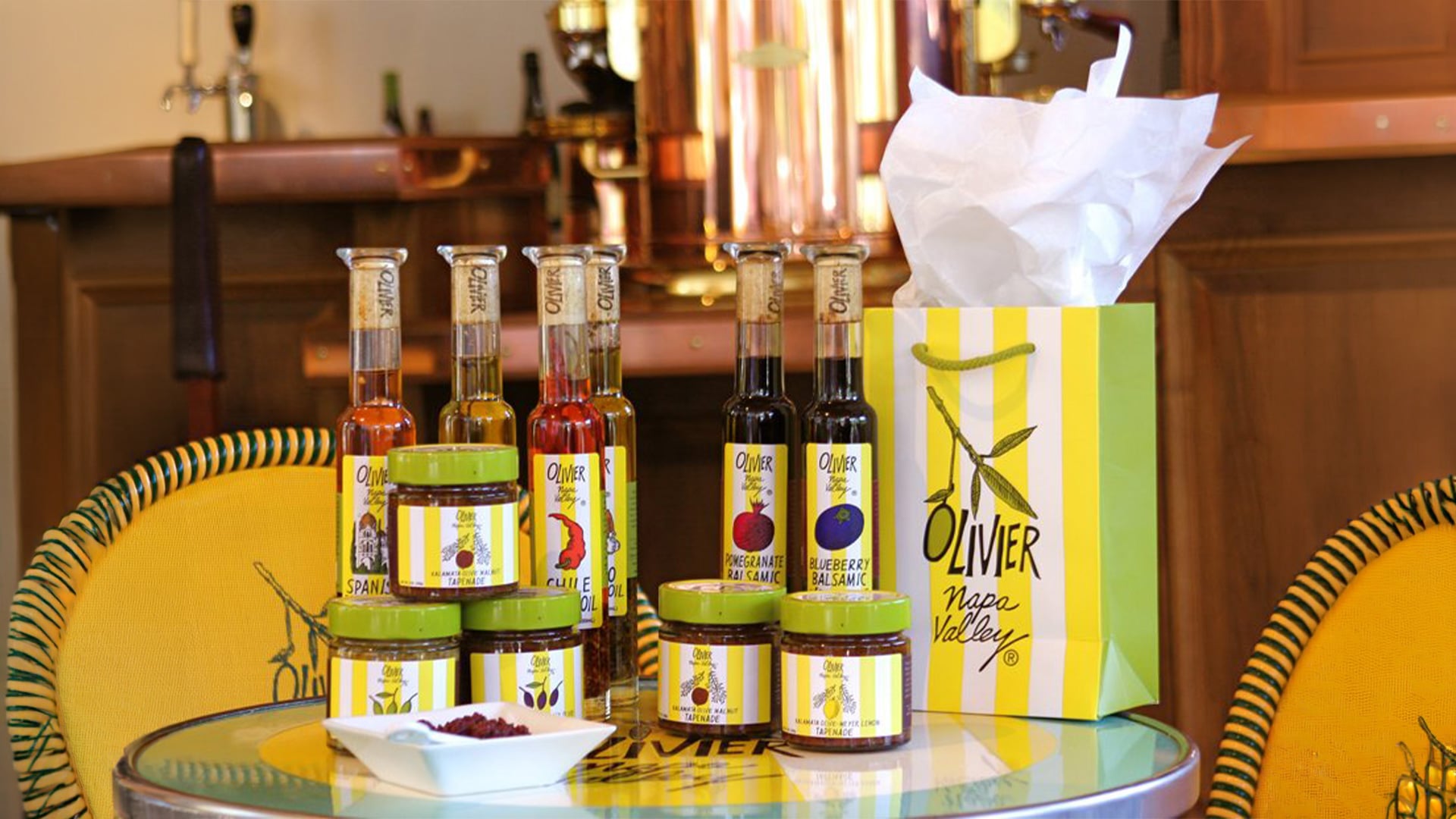 Olive oil gift set on café table