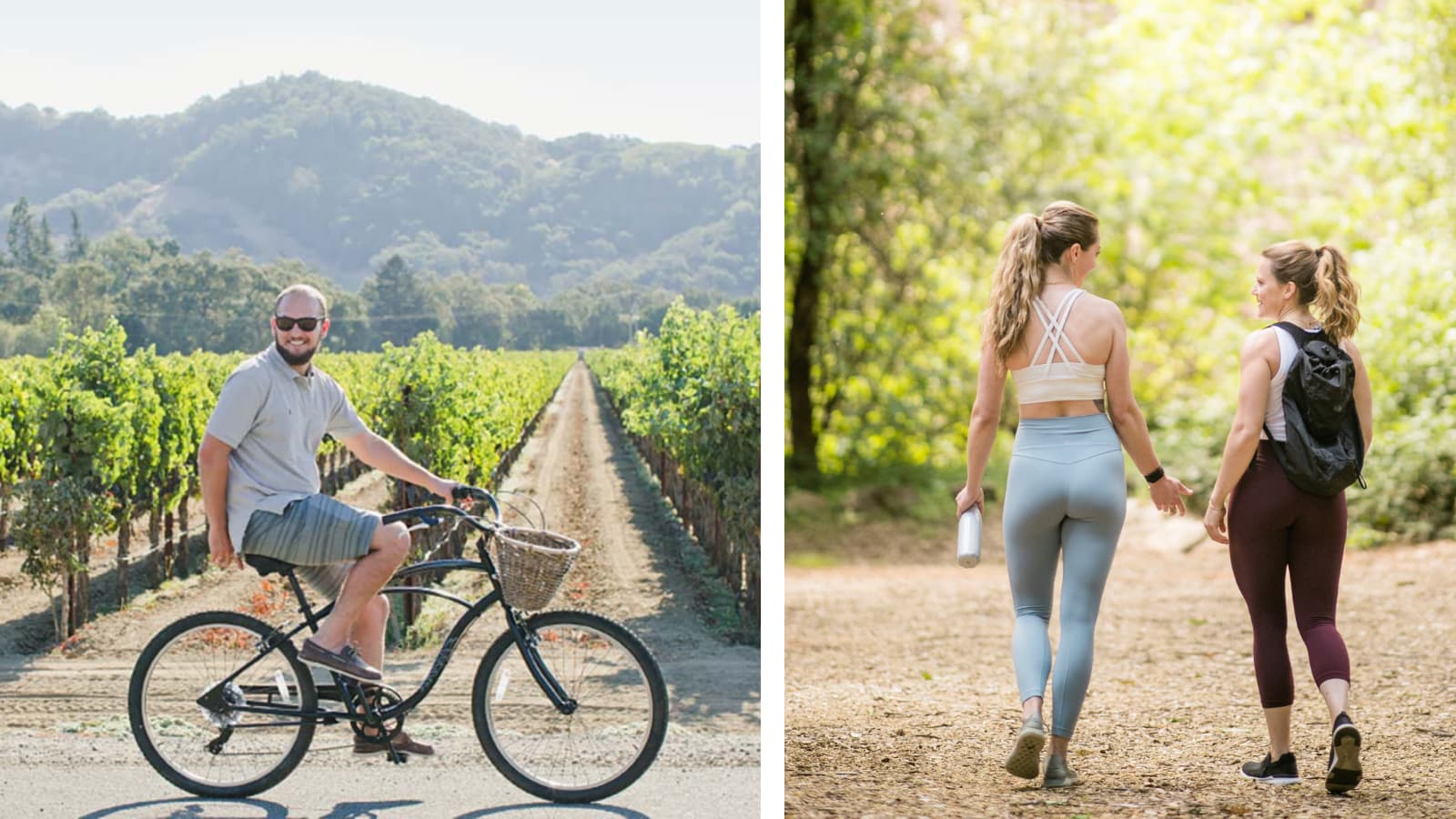 Man biking, women hiking in scenic outdoor settings.