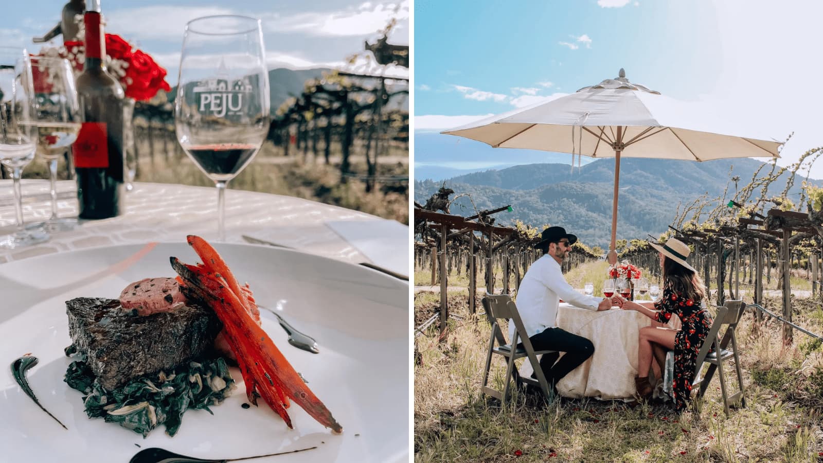 Romantic vineyard dining with wine and gourmet food.