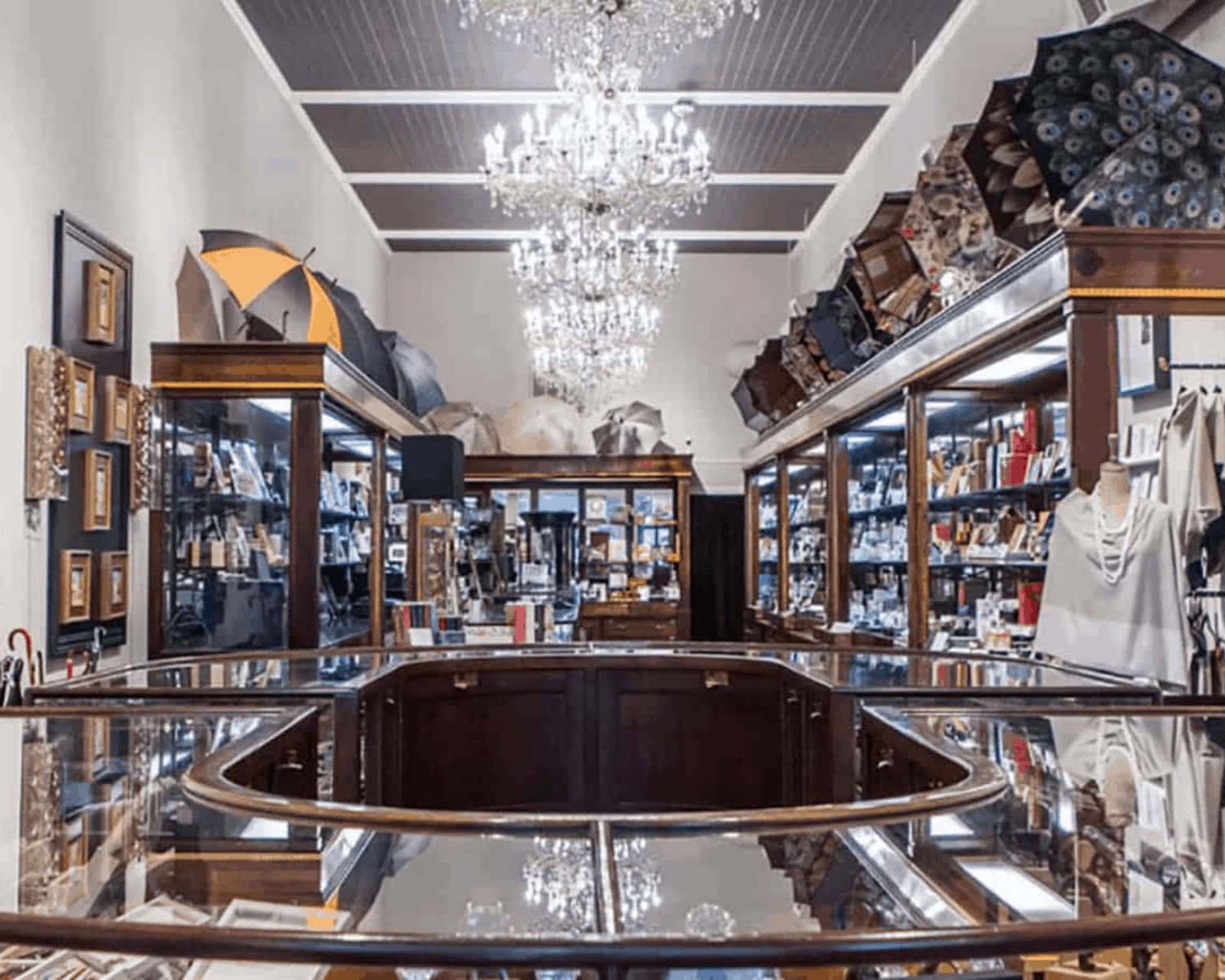 Luxury umbrella store interior with chandeliers