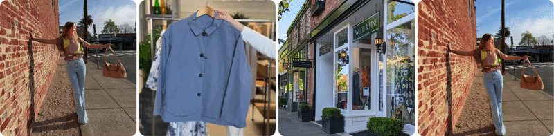 Fashion collage with outfit, storefront, and street style