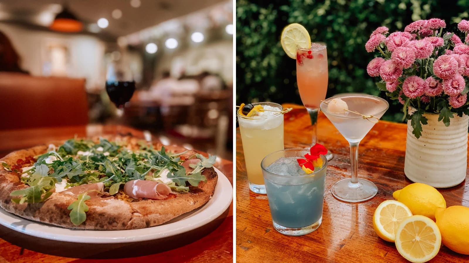Gourmet pizza and cocktails on wooden table with flowers.