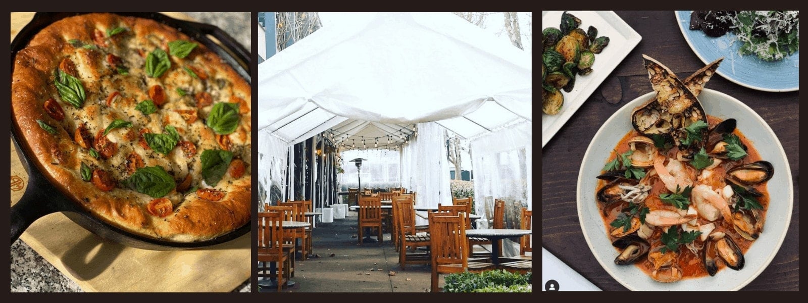 Focaccia, outdoor dining, shrimp stew with vegetables