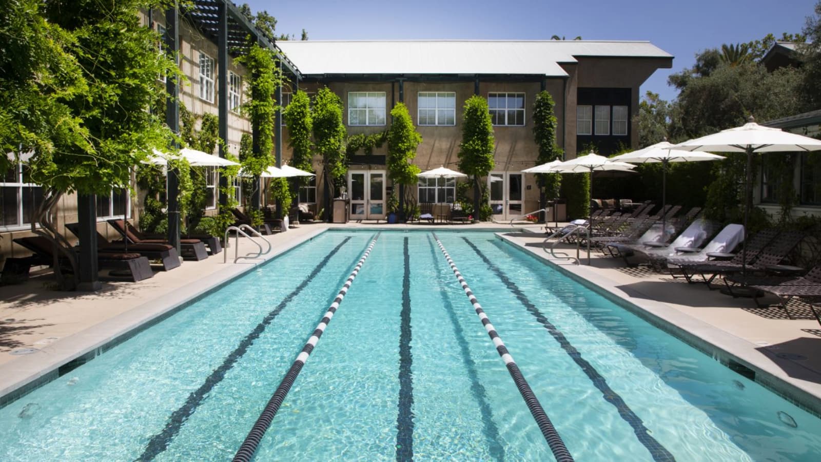 Outdoor lap pool with lounge chairs and umbrellas