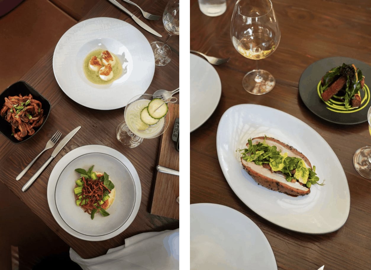Fine dining dishes on a table.