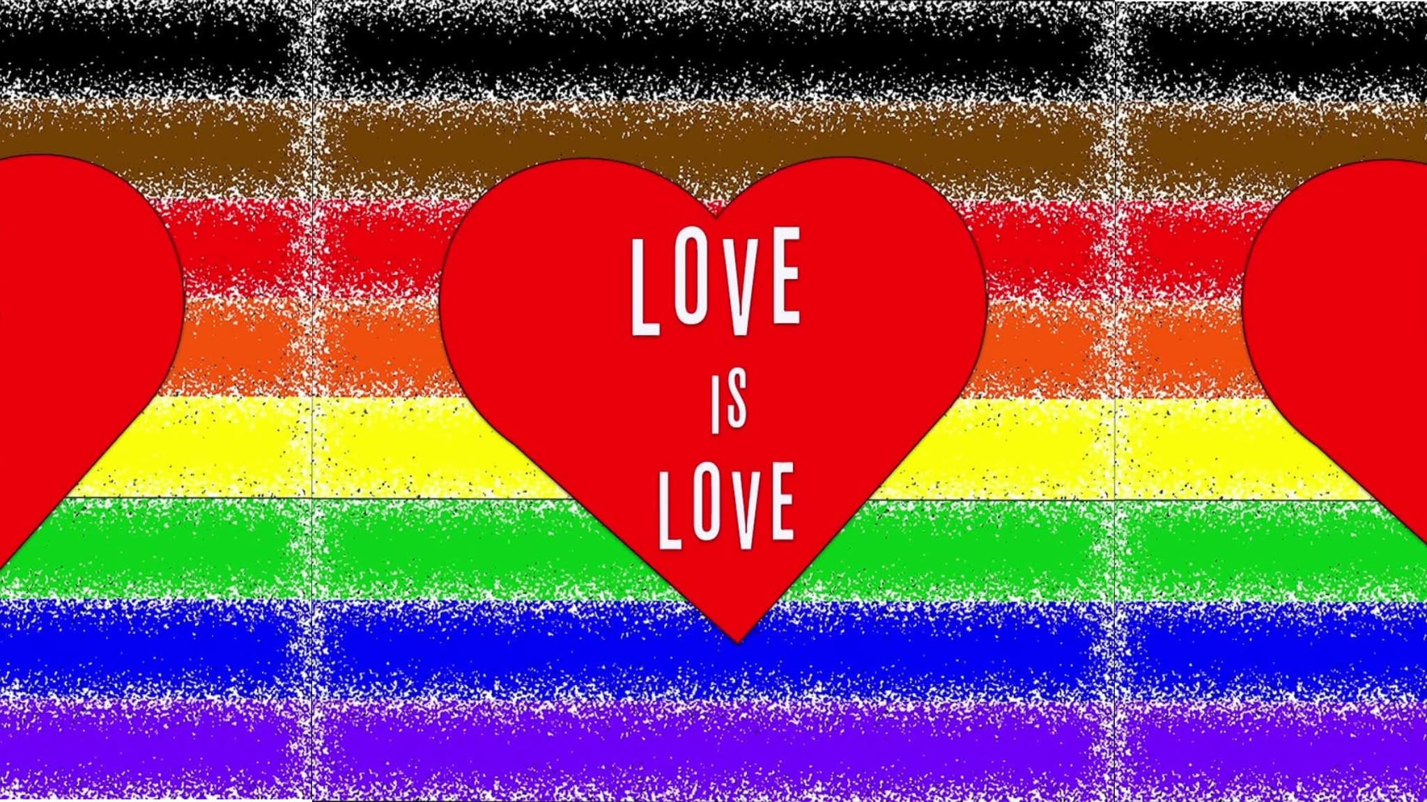 Red heart with "Love Is Love" over rainbow flag