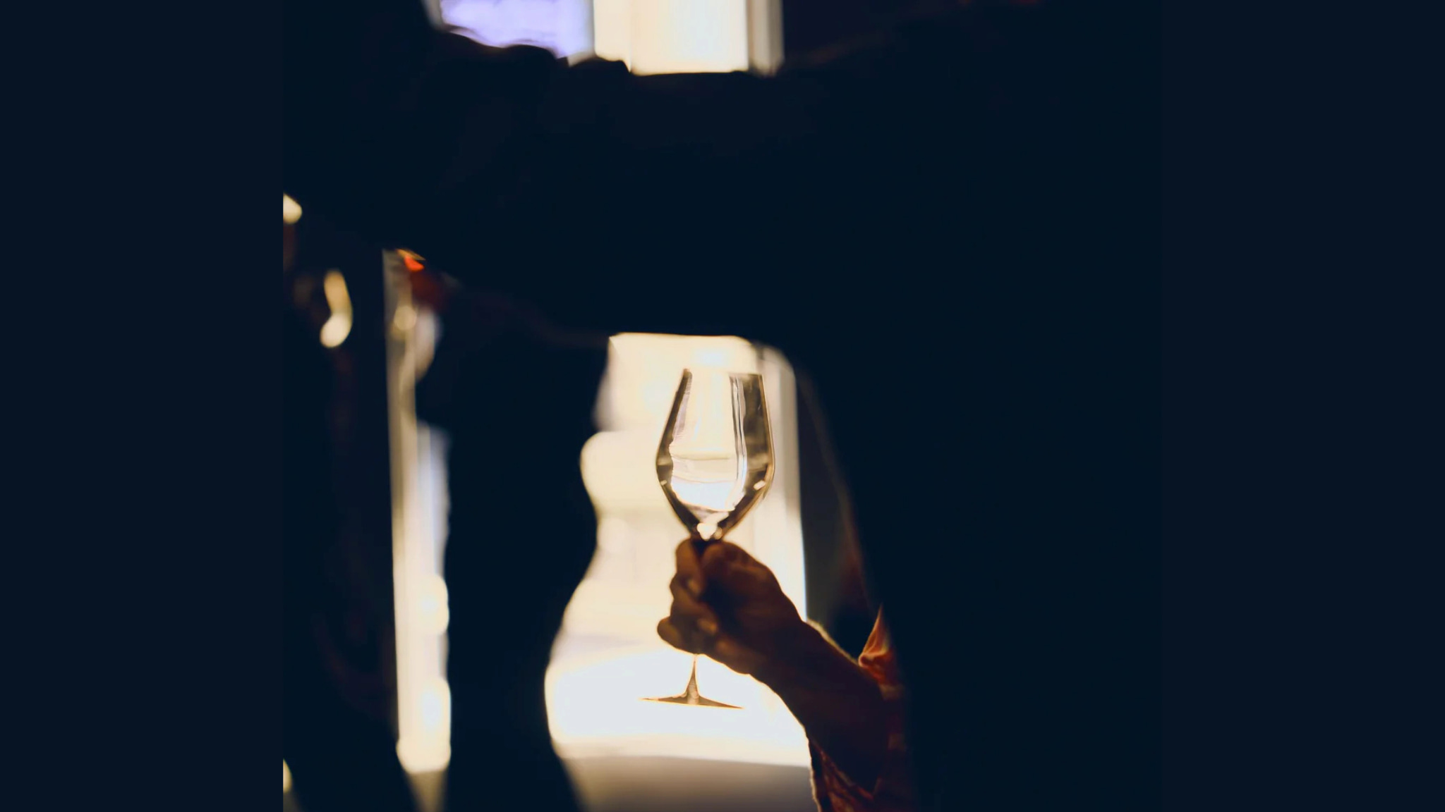 Hand holding wine glass in warm sunlight