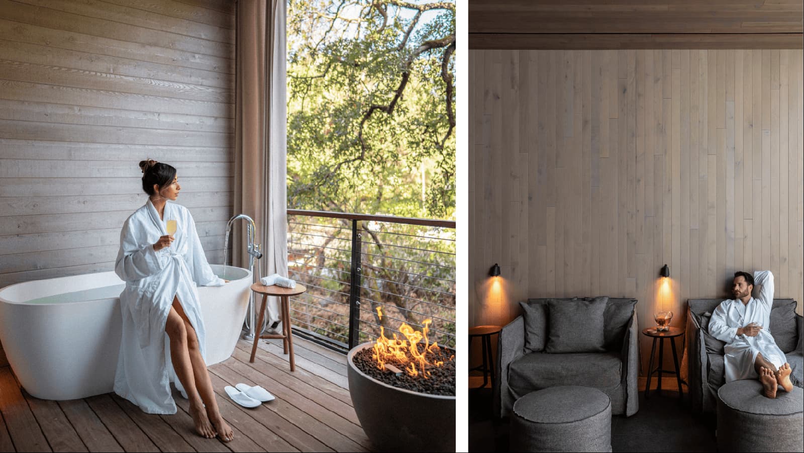 Relaxation in spa with tub and fireplace.