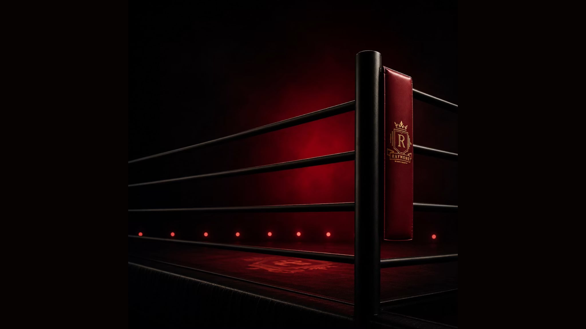 Red-lit boxing ring corner with branded corner pad