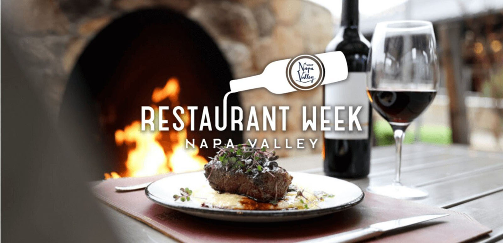 Napa Valley Restaurant Week promotional image with steak and wine.