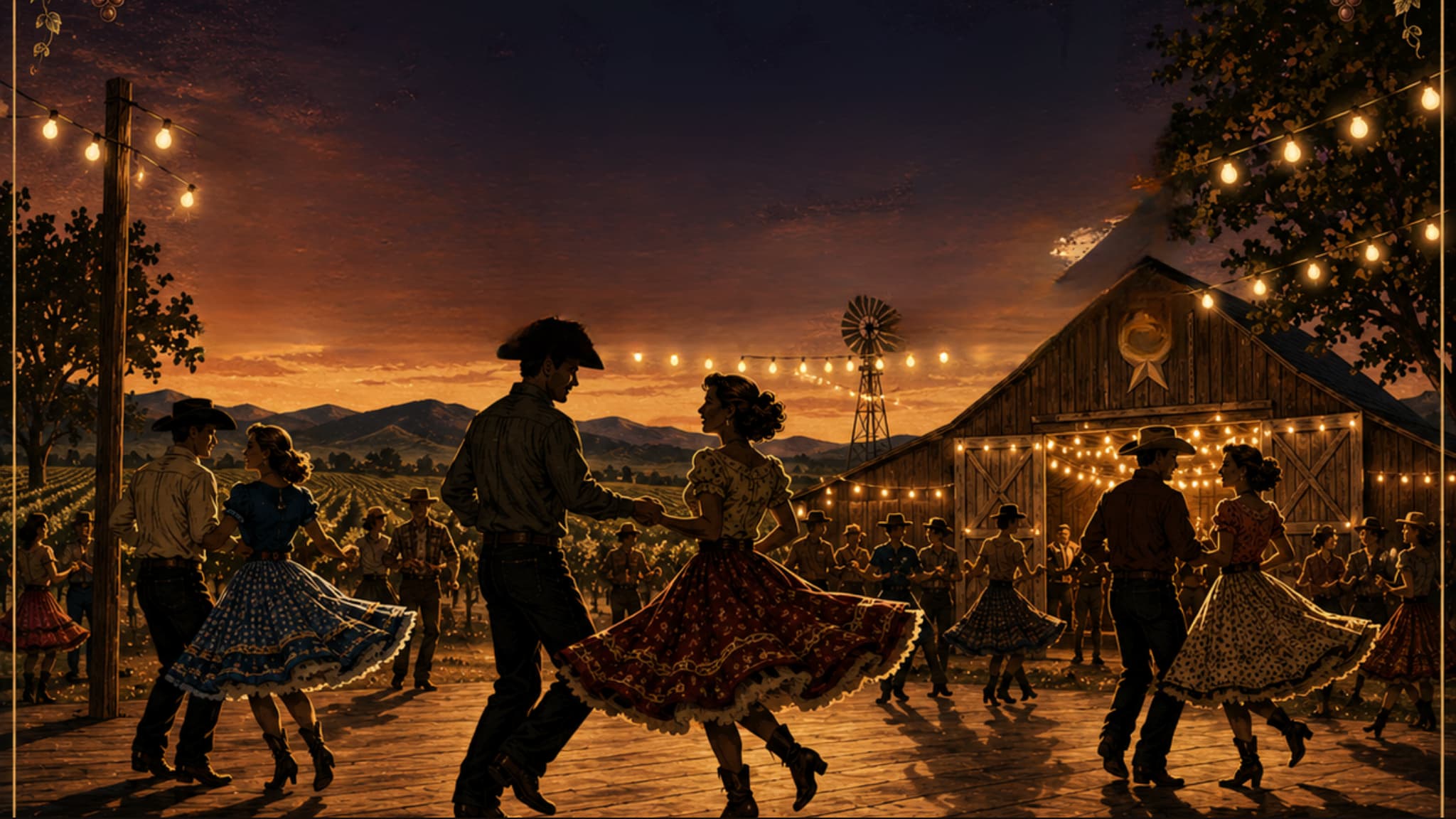 Couples line dancing at sunset barn party