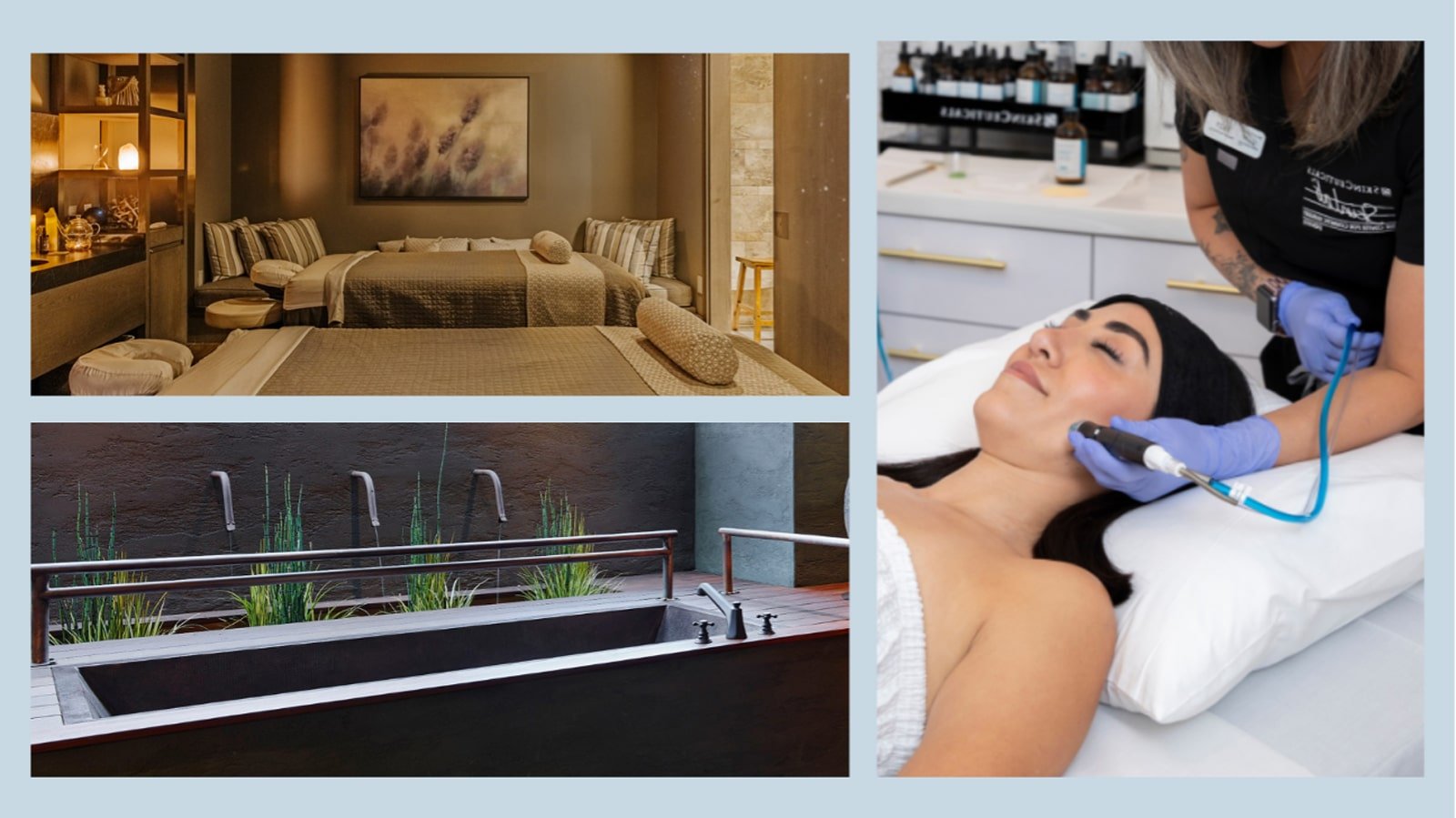 Serene spa rooms, facial treatment, outdoor hot tub.