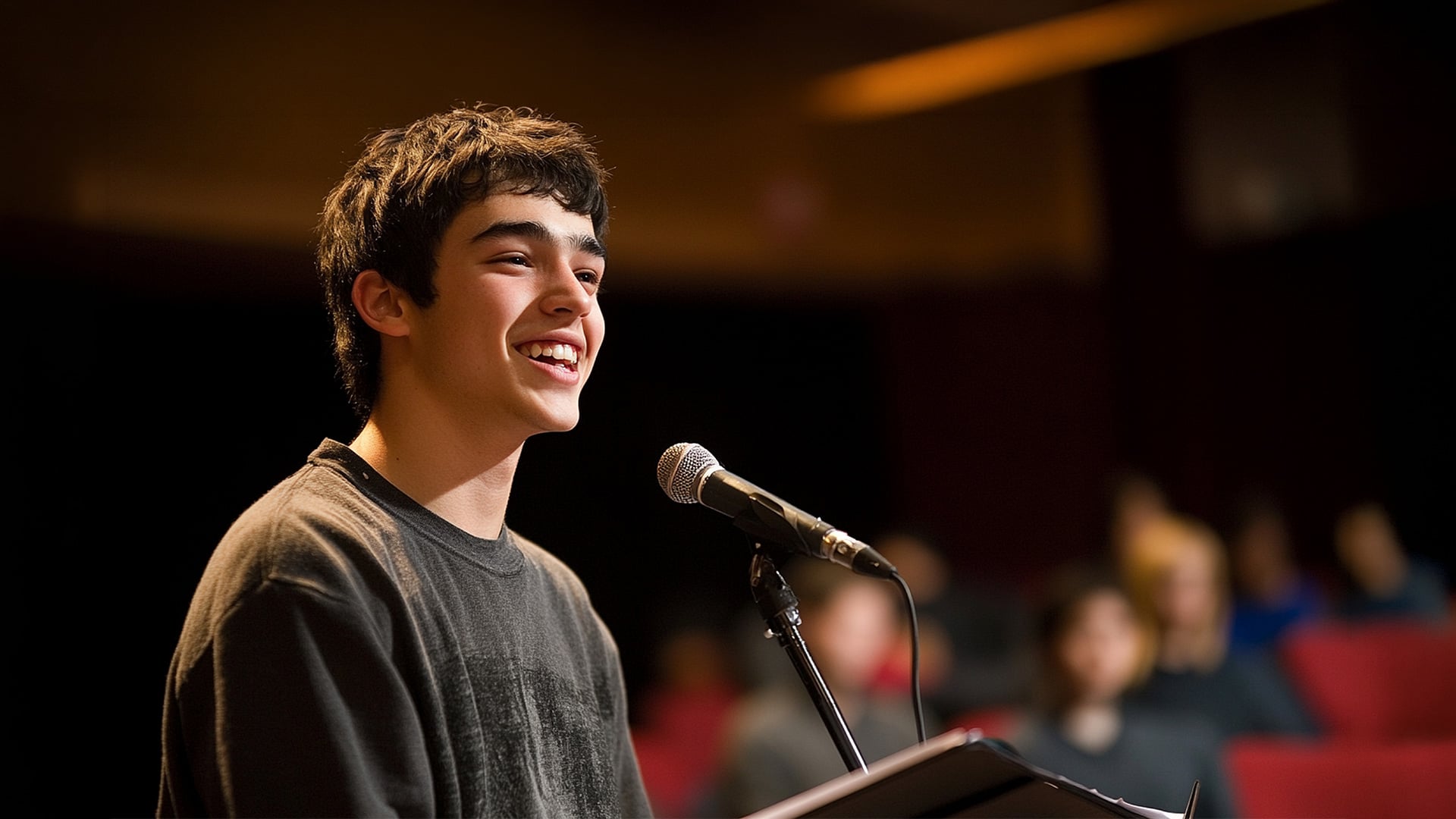 Teenage boy speaking into microphone on stage