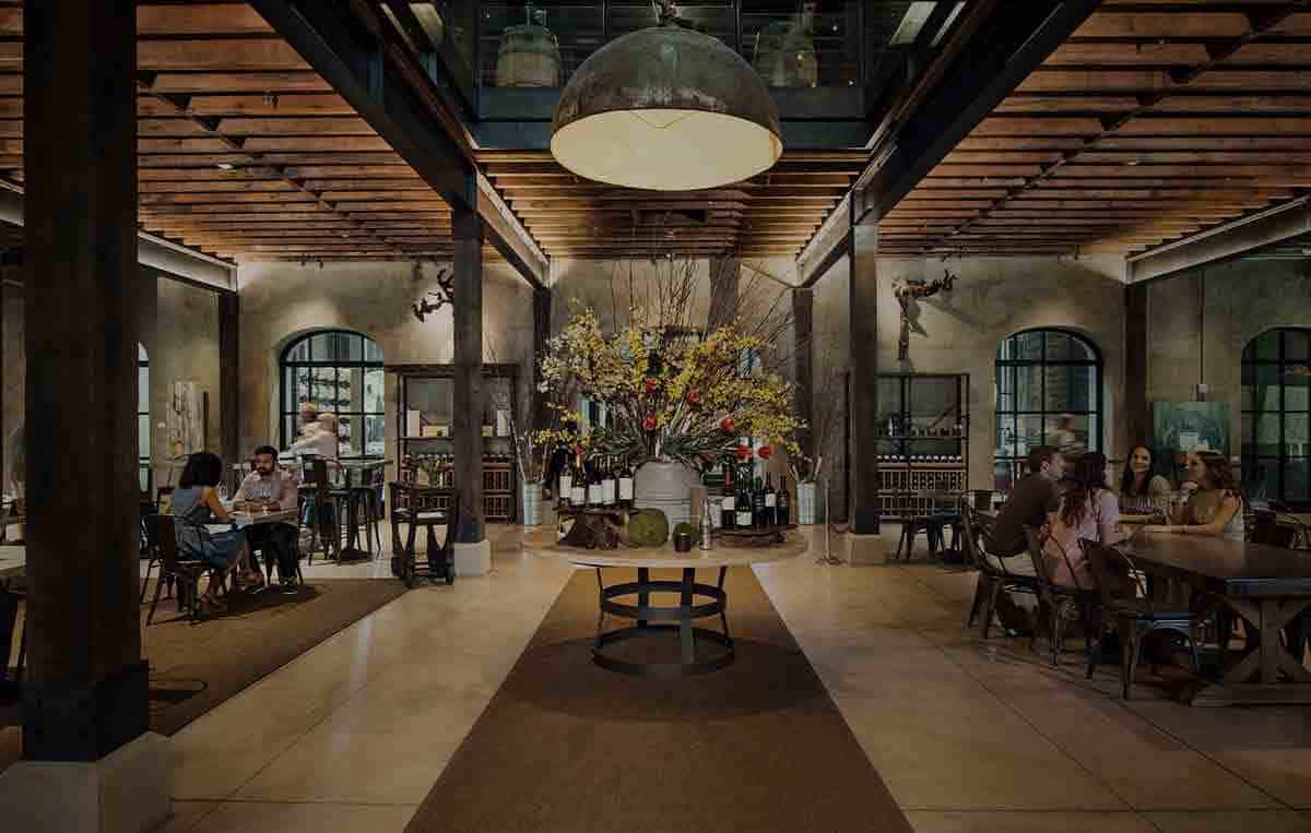 Cozy restaurant interior with people dining
