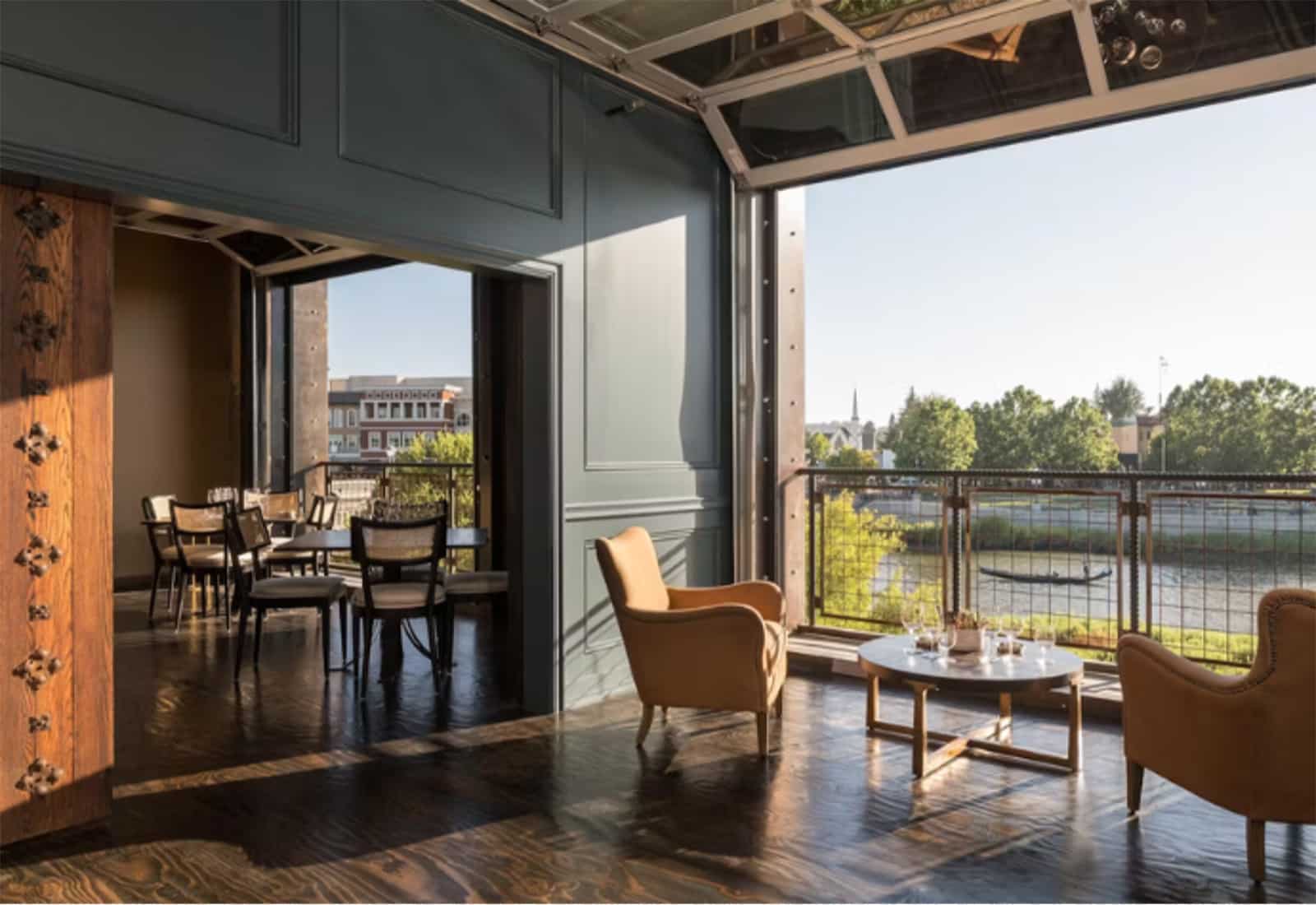 Cozy riverside seating with outside view