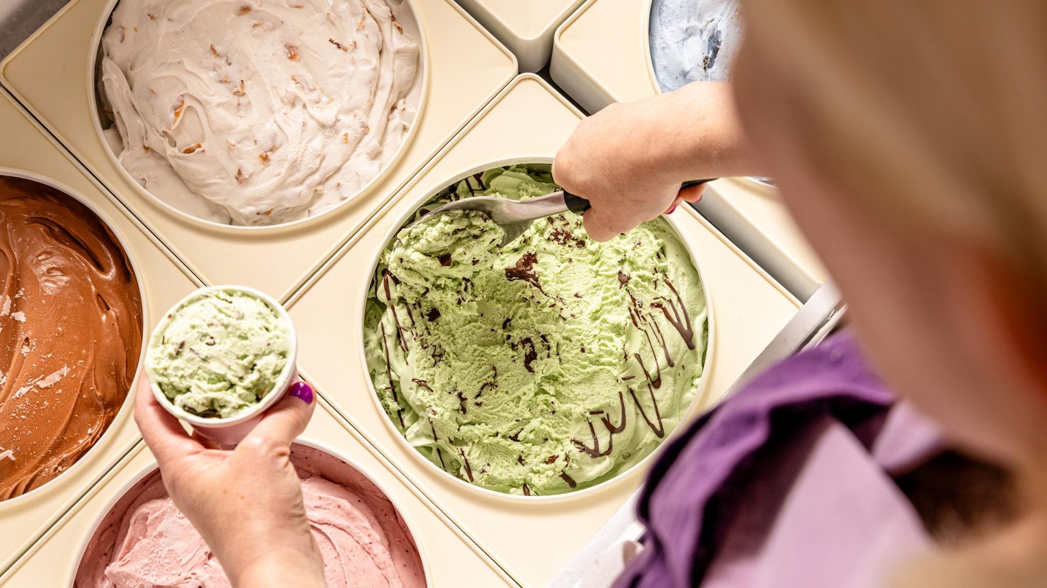 Person scooping mint chocolate chip ice cream