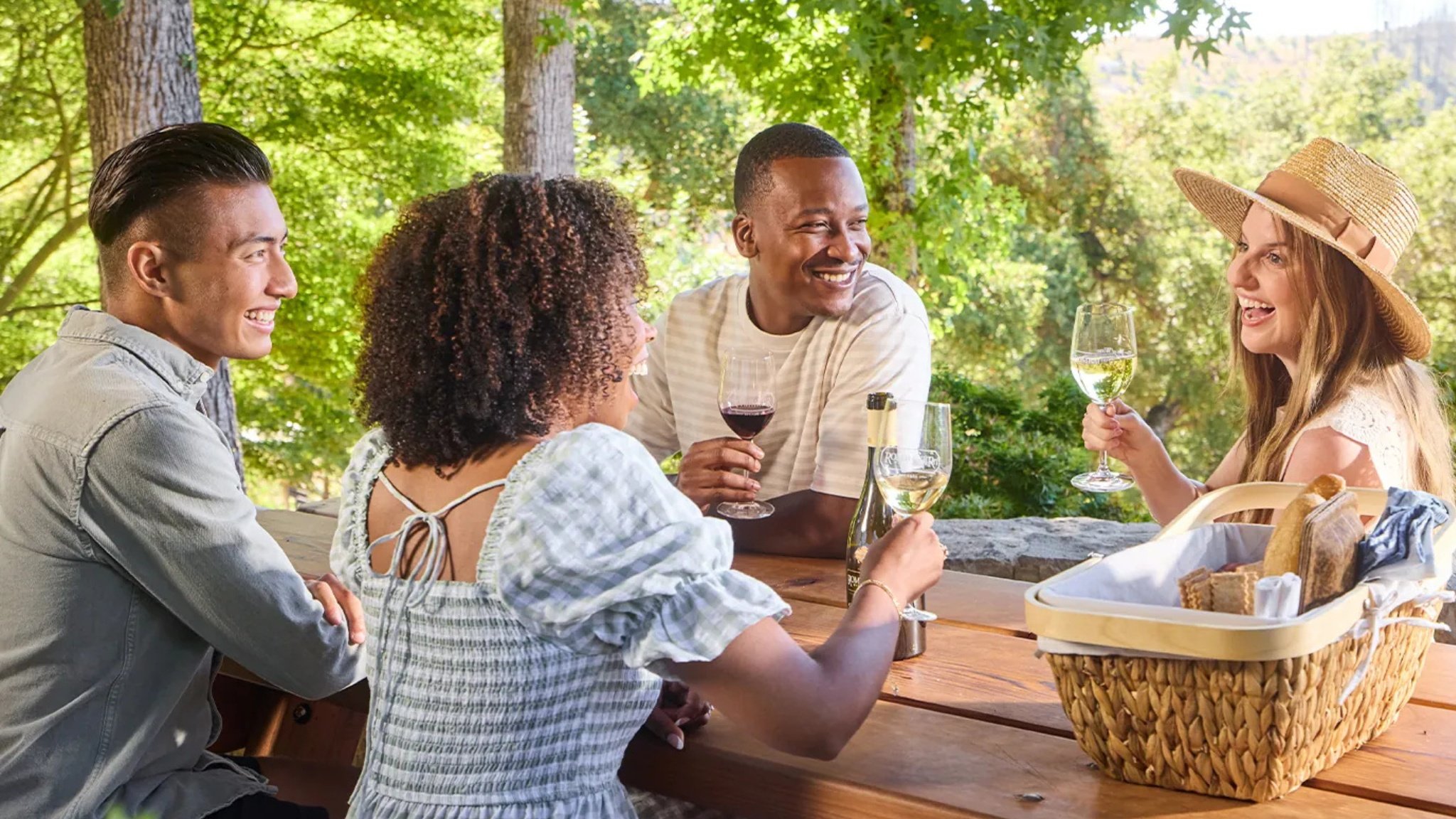 Friends enjoying outdoor picnic with wine.