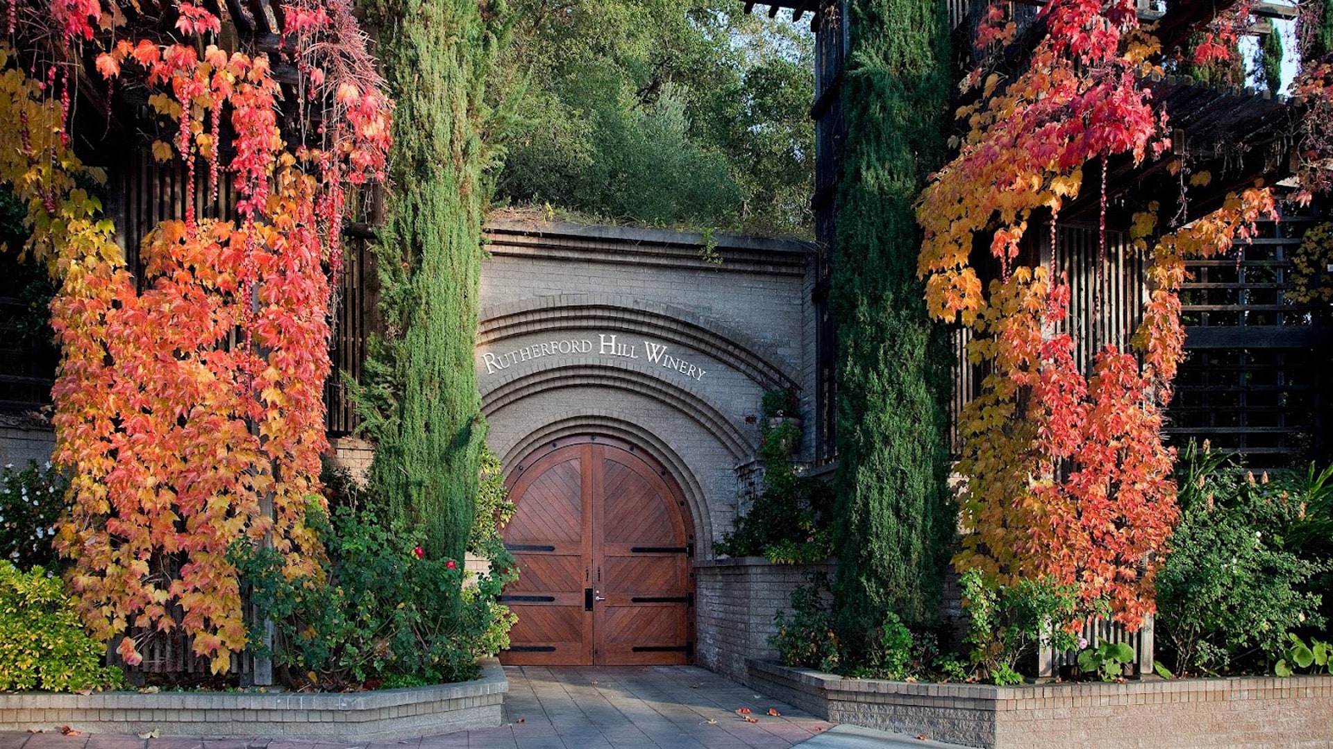 Entrance to winery with fall foliage