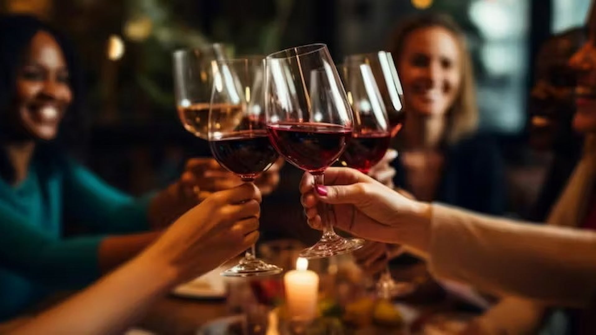 Friends toasting with red wine glasses at dinner