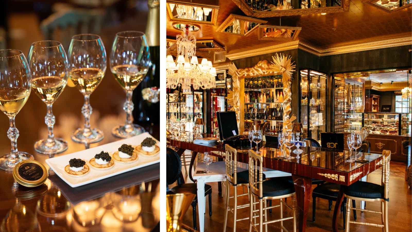Elegant restaurant with wine and caviar.