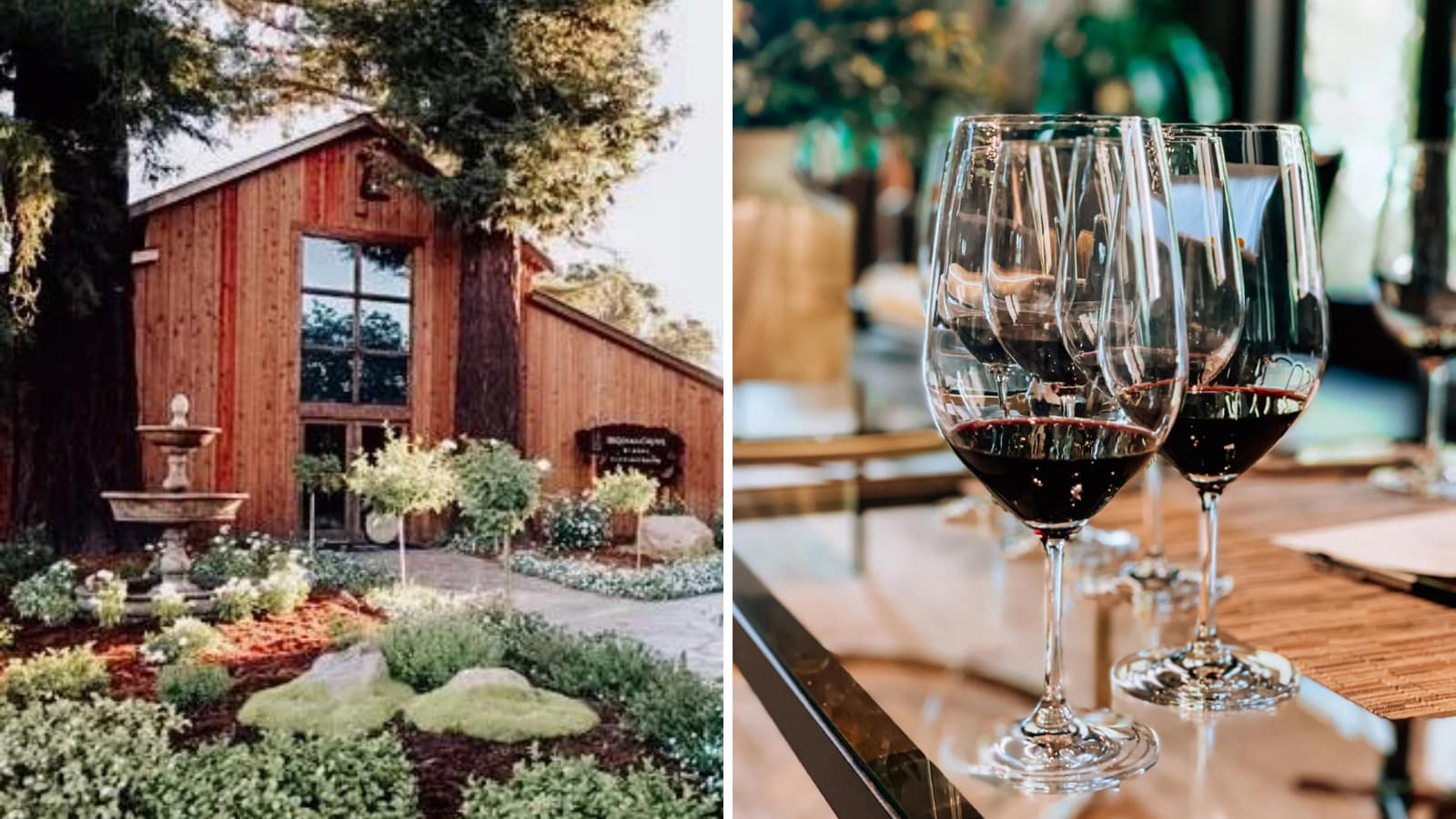 Rustic winery entrance and wine glasses on table