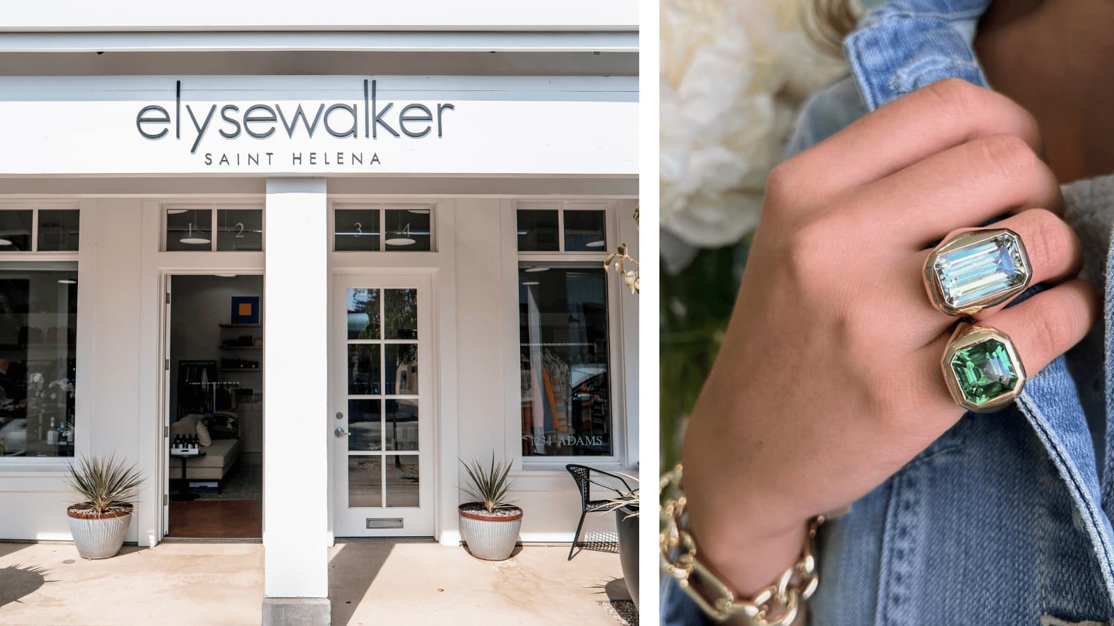 Elyse Walker storefront and person wearing gemstone rings.