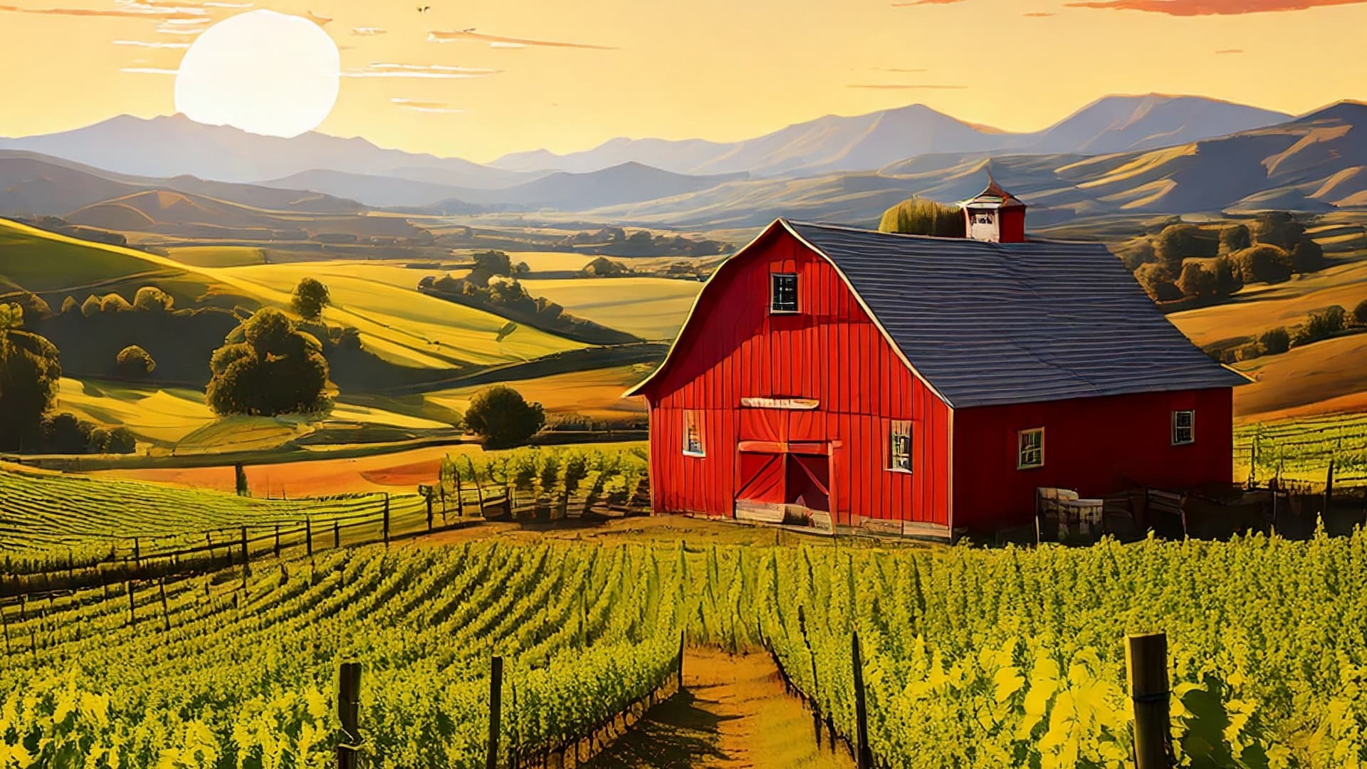Red barn in sunny vineyard landscape