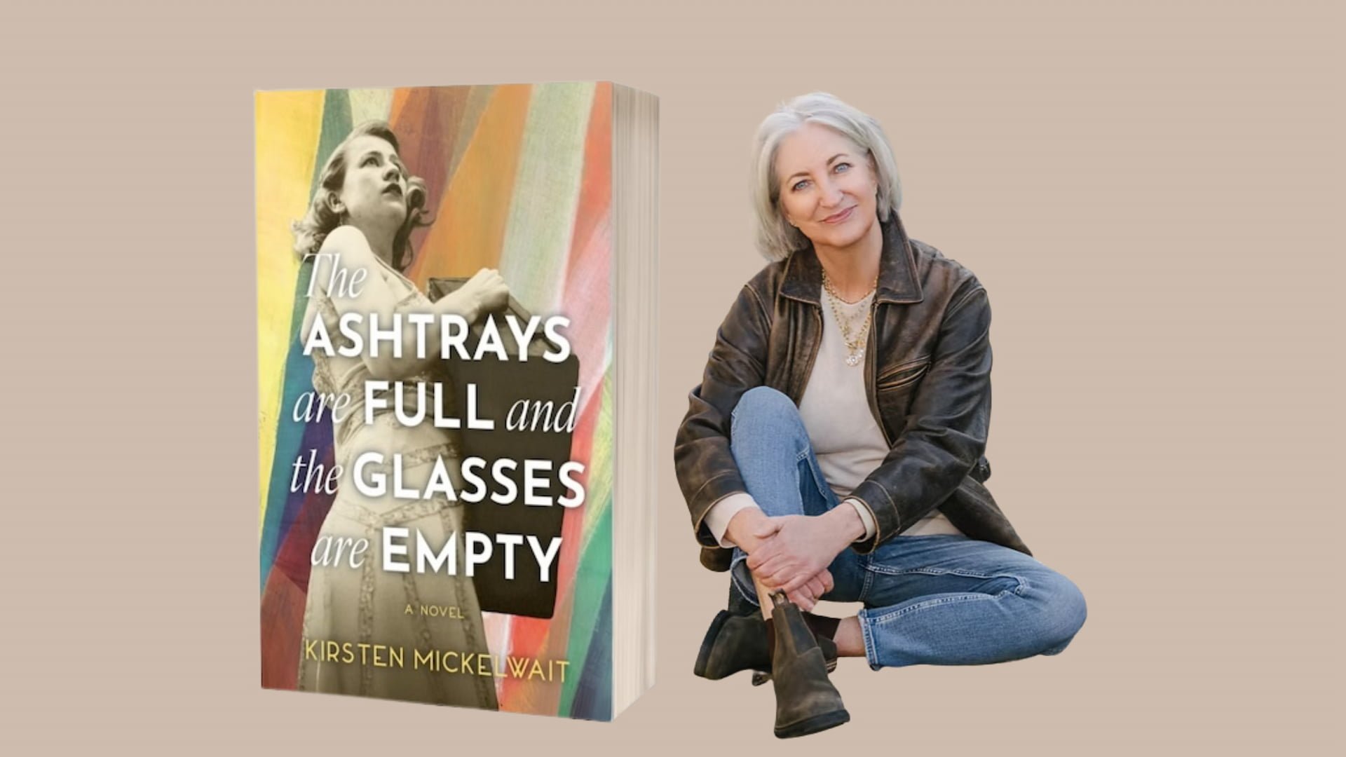 Book cover and author sitting cross-legged