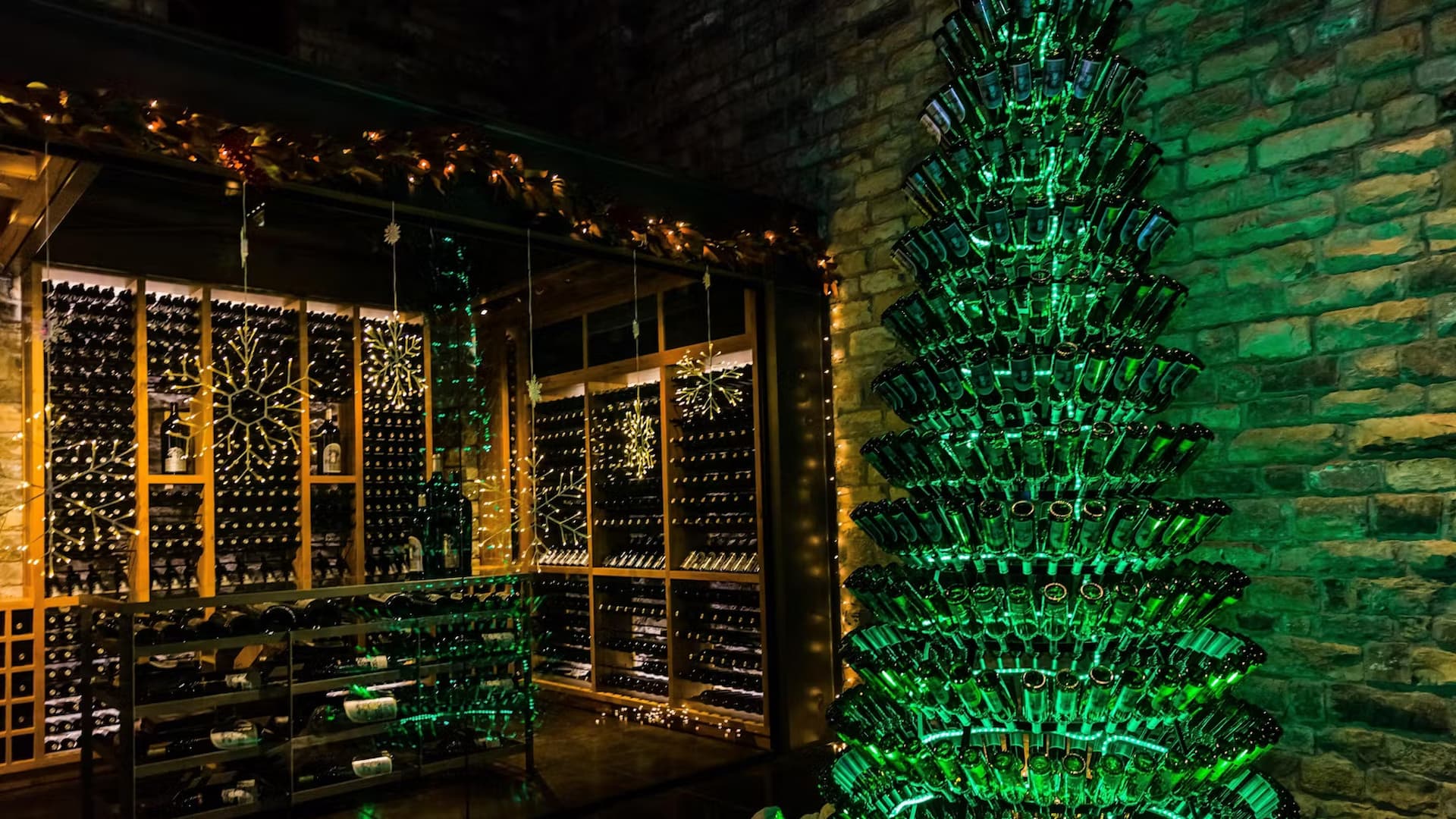 Wine bottle Christmas tree in cellar