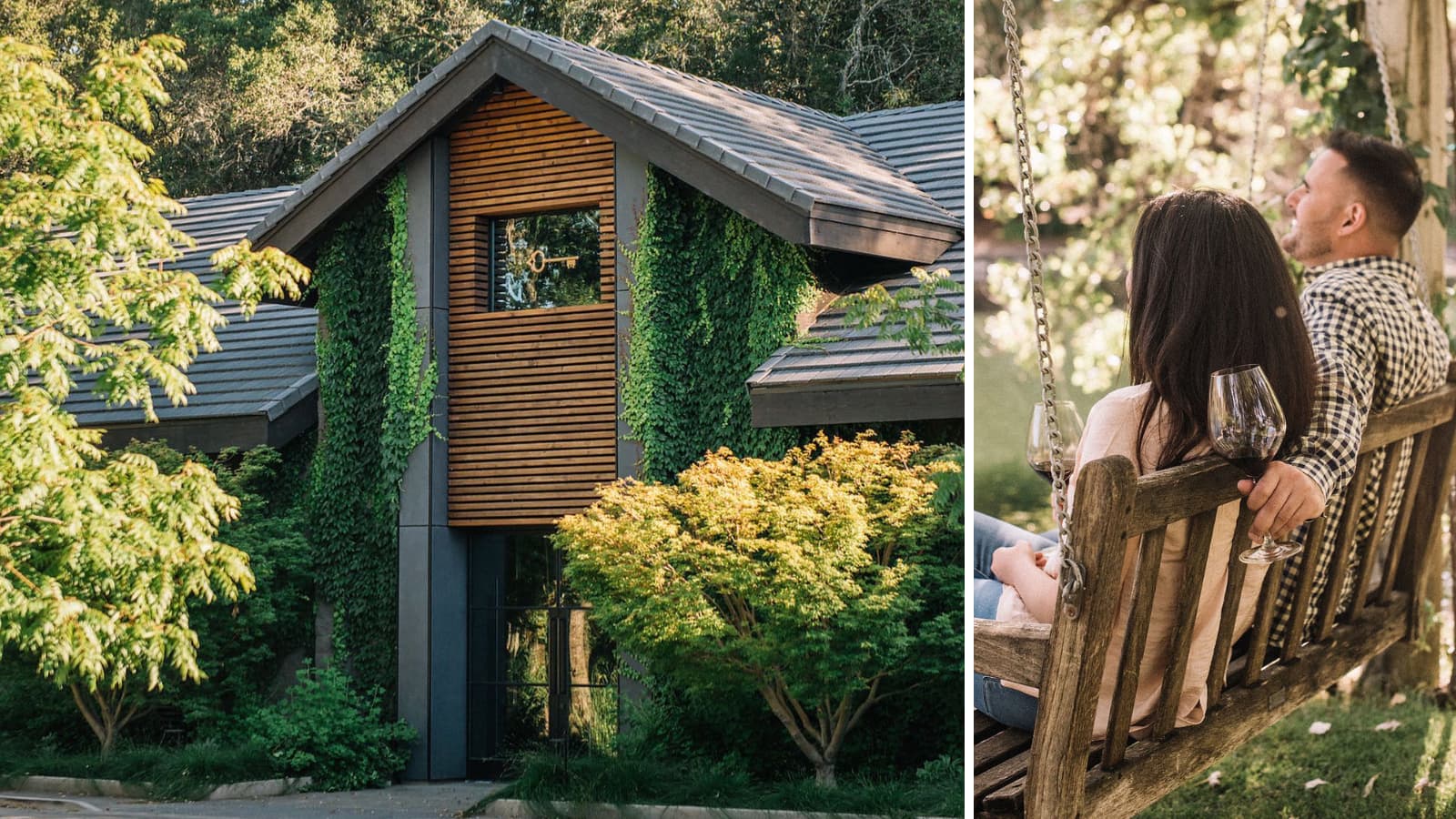 Couple on swing with wine near ivy-clad house
