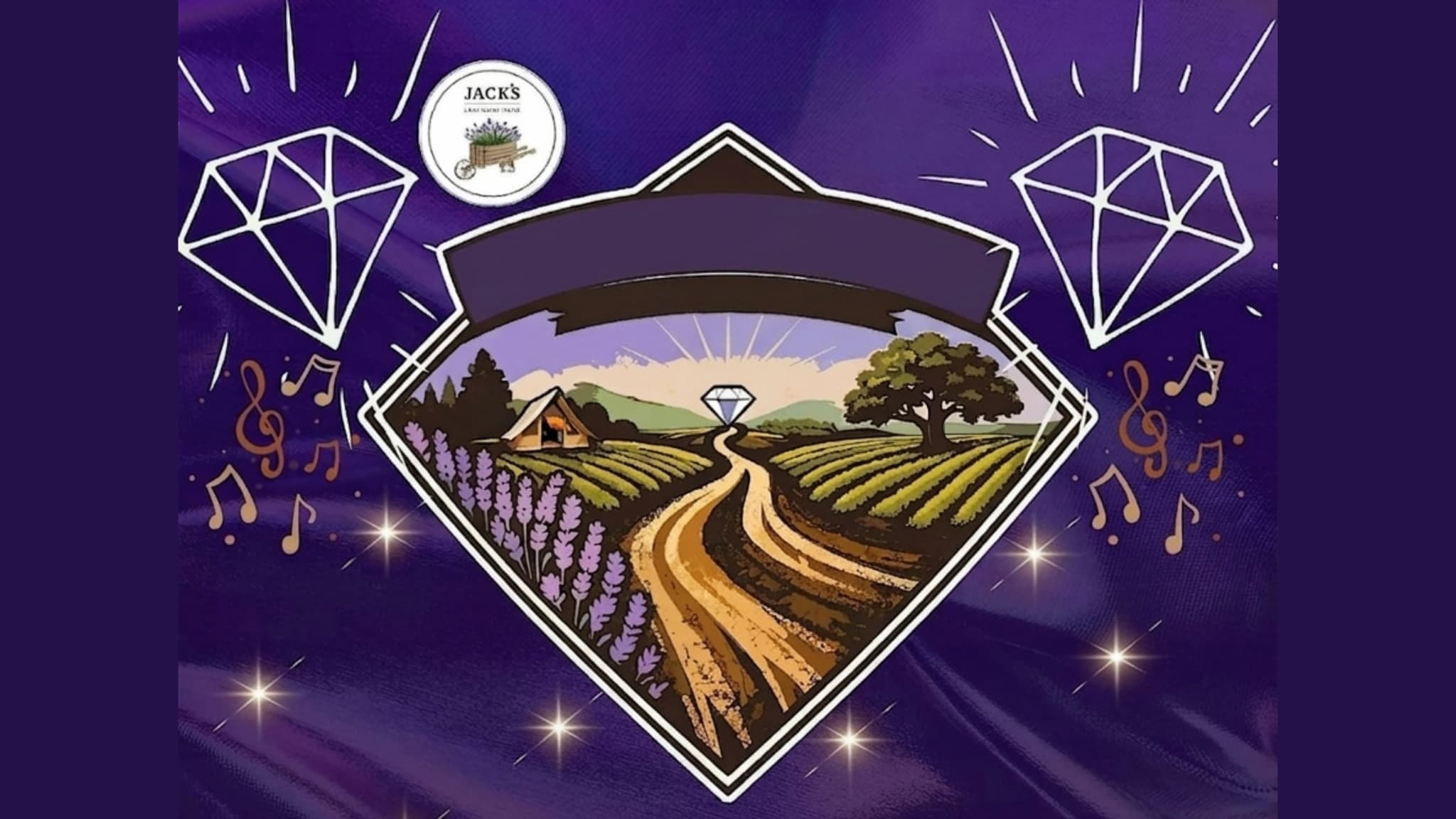 Diamond-framed lavender farm landscape on purple background