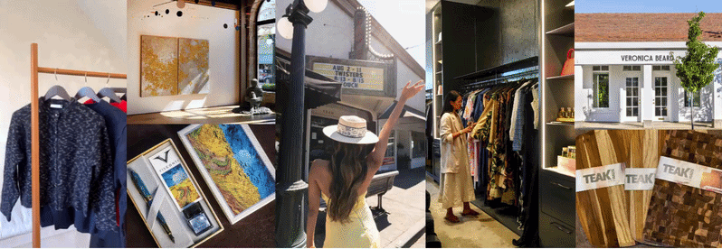 Boutique interior with clothing, art, and storefront exterior