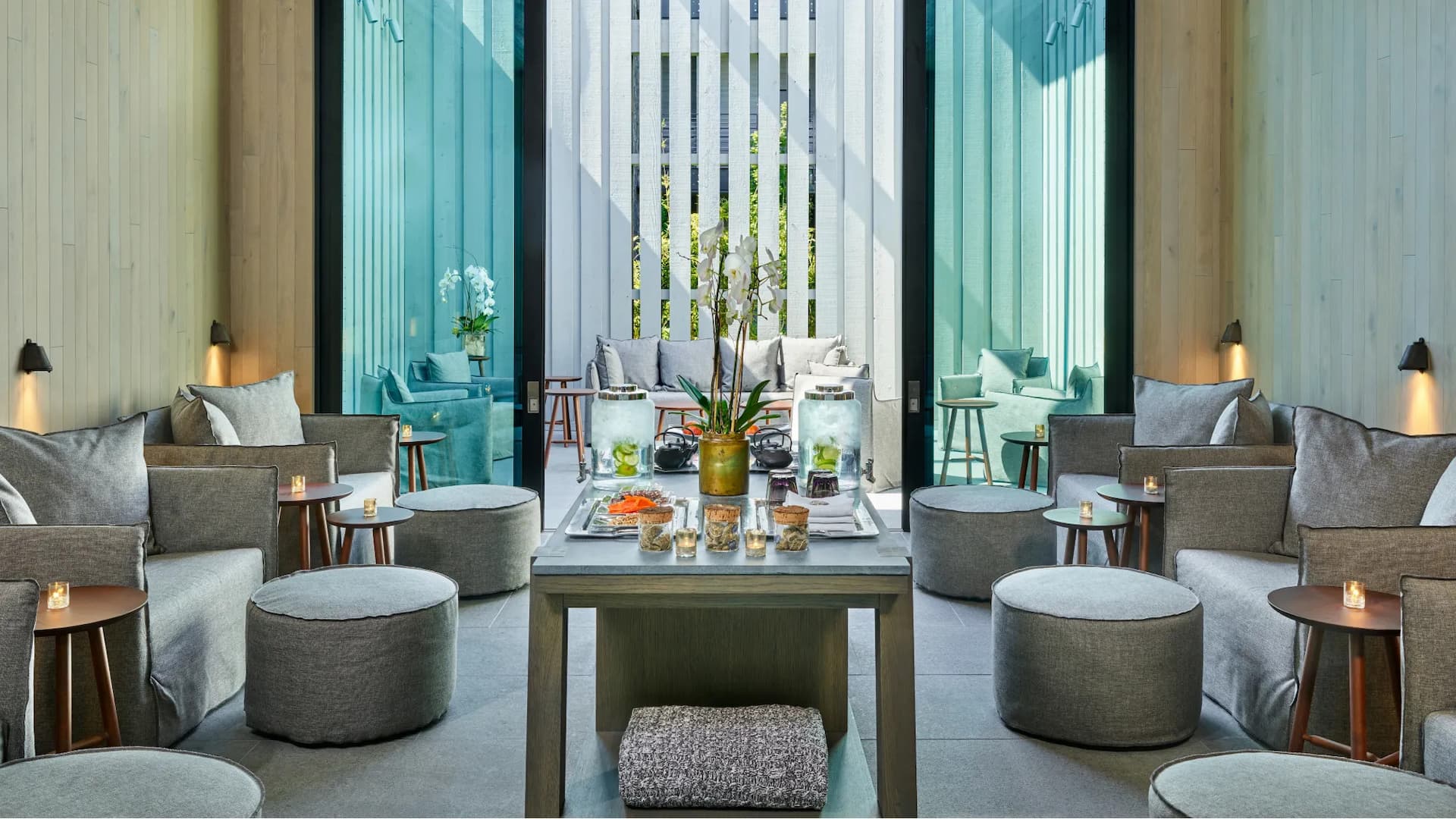 Modern lounge with comfortable seating and decor.