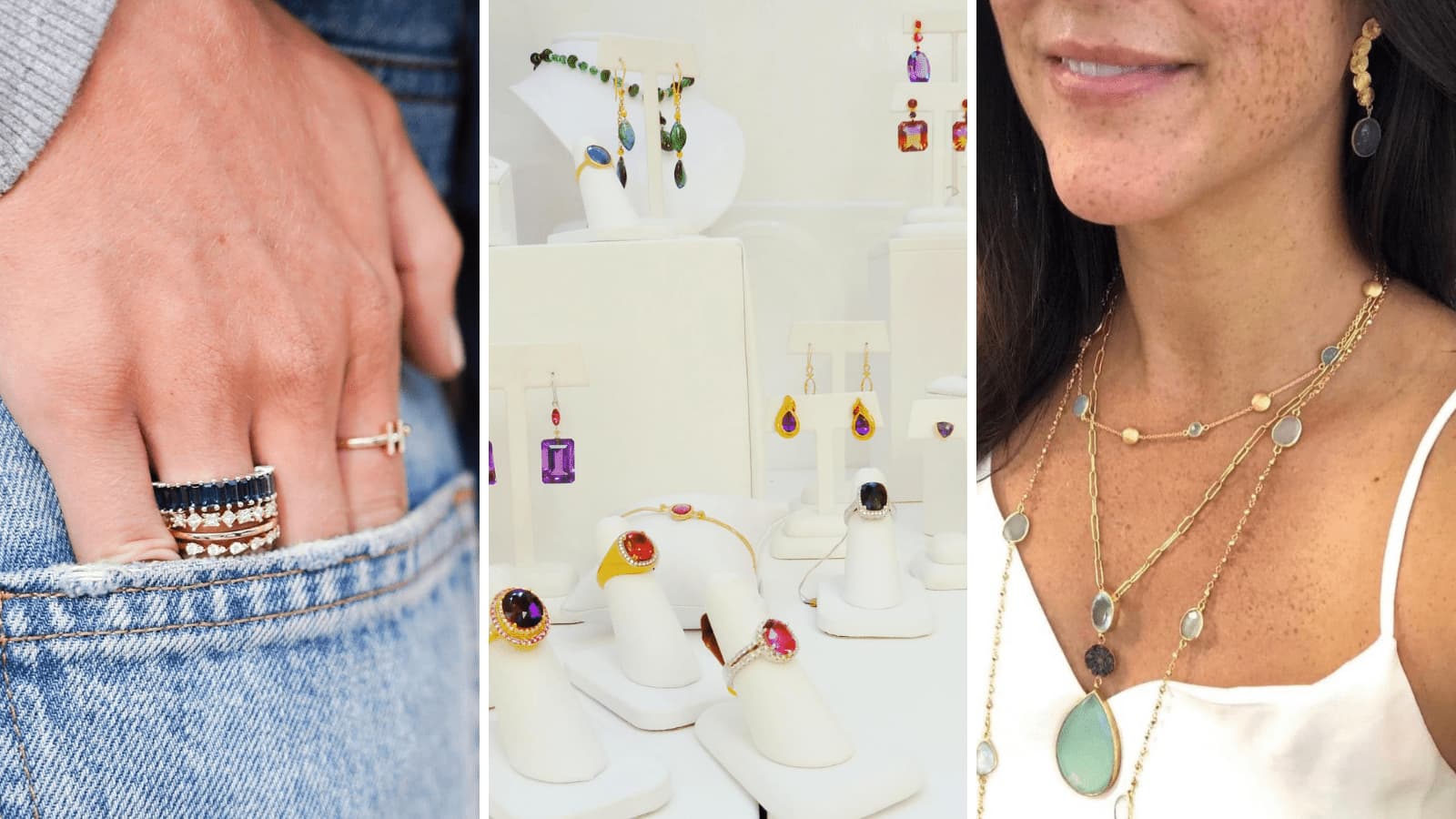 Assorted jewelry: rings, earrings, necklaces.